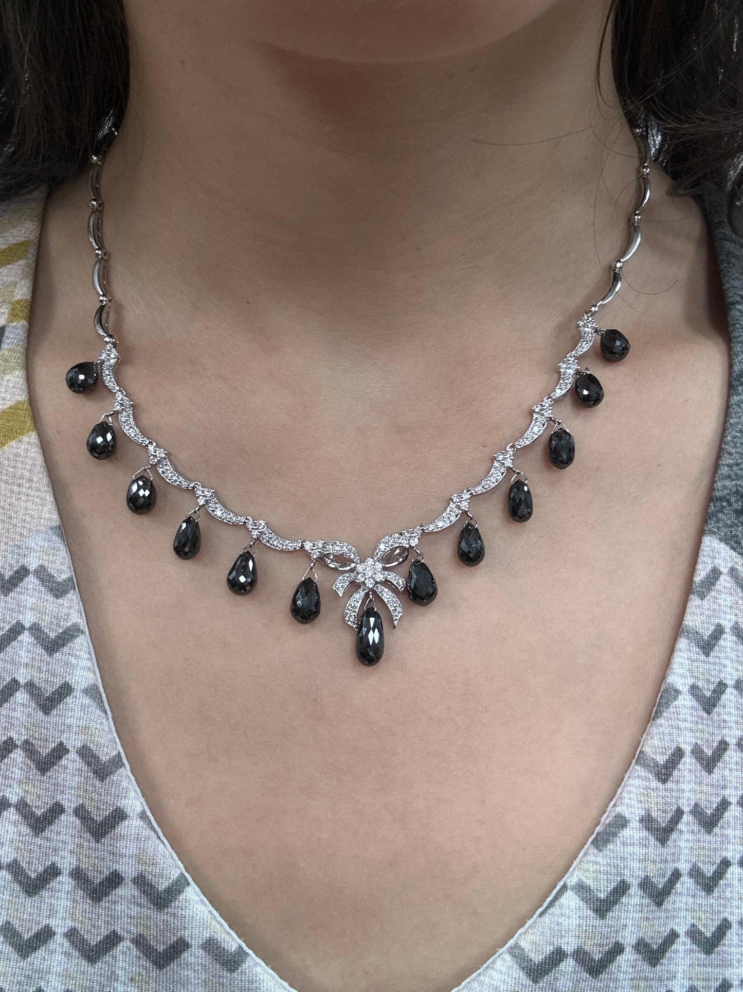 18K White Gold White Diamond and Briolette Black Diamond Bow Necklace