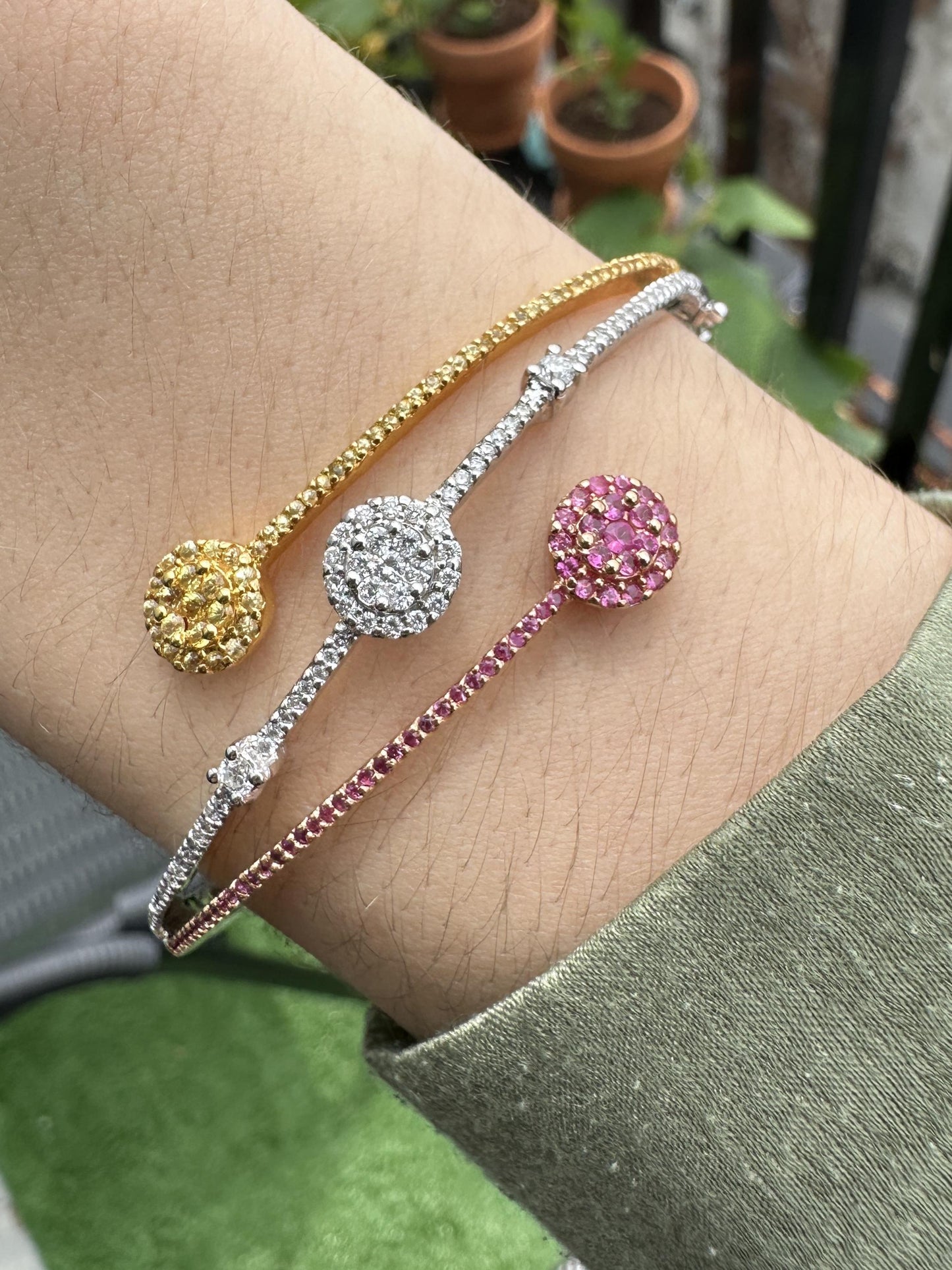 18k Diamond, Pink and Yellow Sapphire Bangle Bracelet.