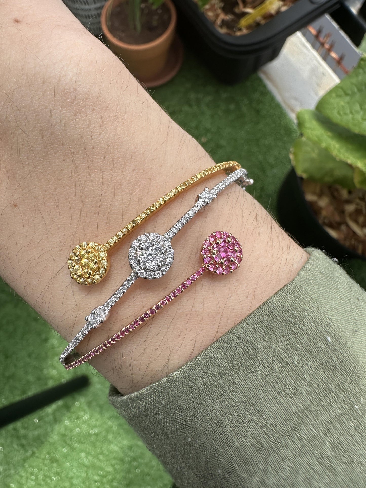 18k Diamond, Pink and Yellow Sapphire Bangle Bracelet.