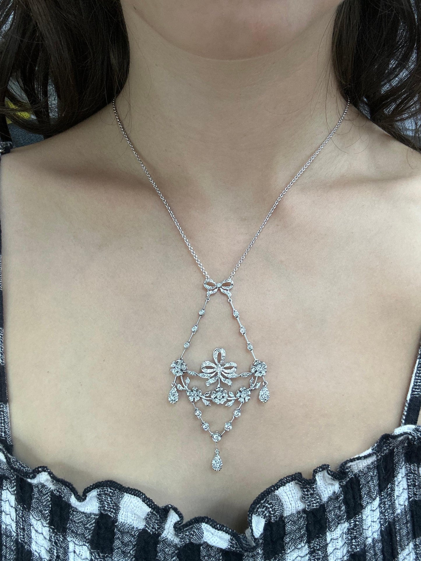 18K White Gold Diamond Bow and Floral Necklace