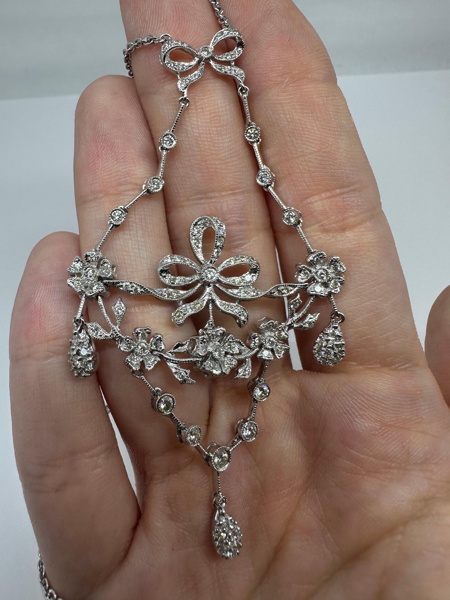 18K White Gold Diamond Bow and Floral Necklace