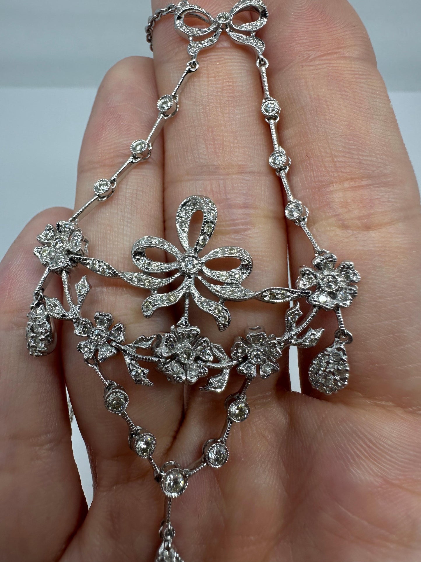 18K White Gold Diamond Bow and Floral Necklace