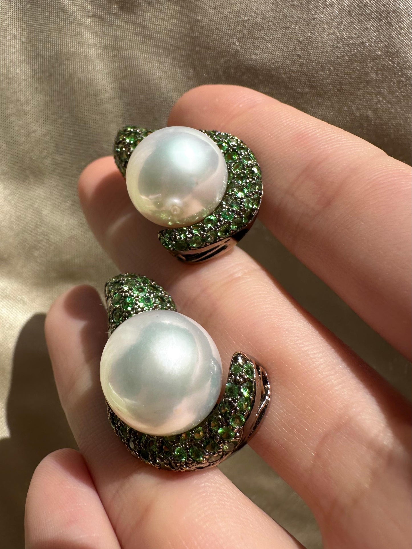 18k Green Garnet and Pearl Earrings