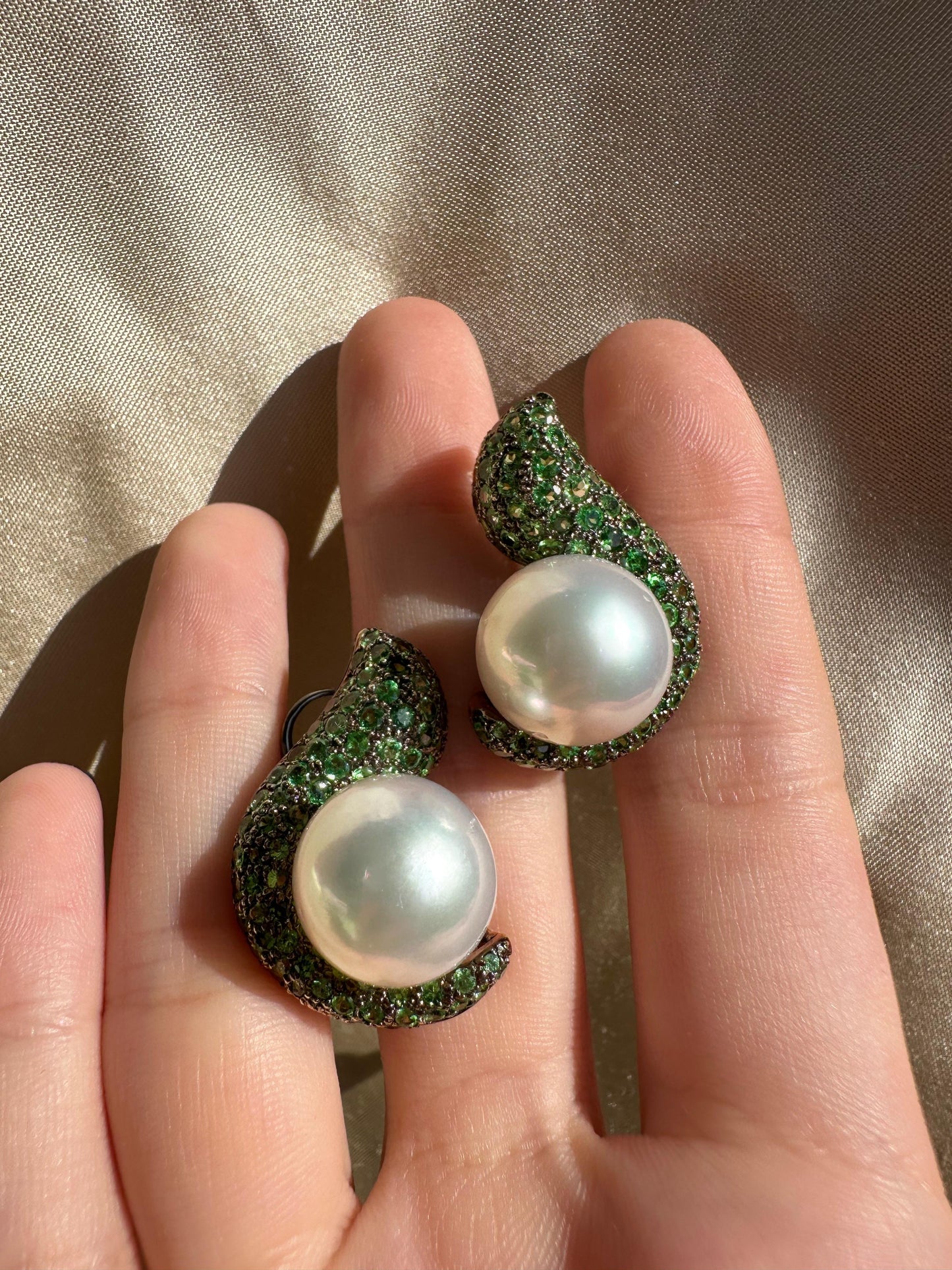 18k Green Garnet and Pearl Earrings