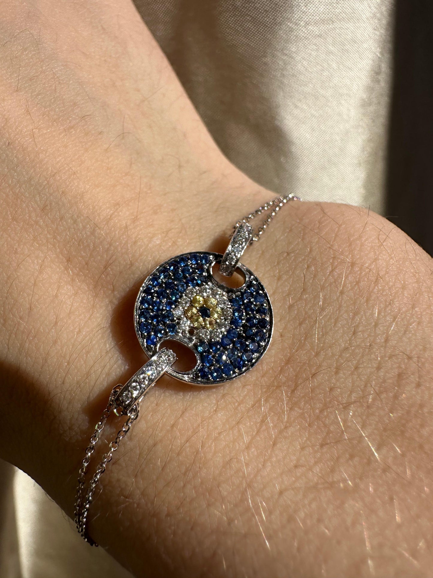 14K White Gold Diamond, Blue and Yellow Sapphire Evil Eye Bracelet