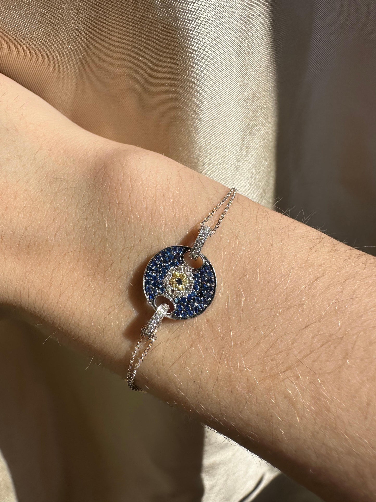 14K White Gold Diamond, Blue and Yellow Sapphire Evil Eye Bracelet