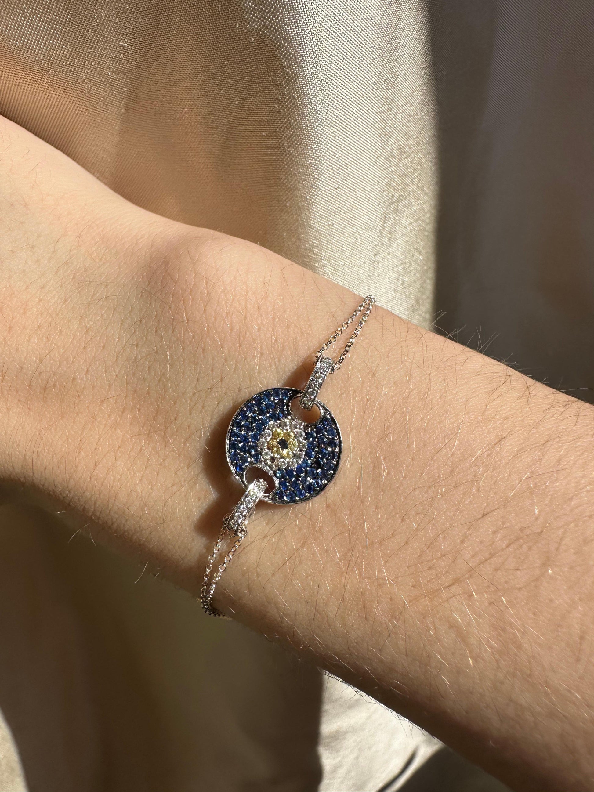 14K White Gold Diamond, Blue and Yellow Sapphire Evil Eye Bracelet