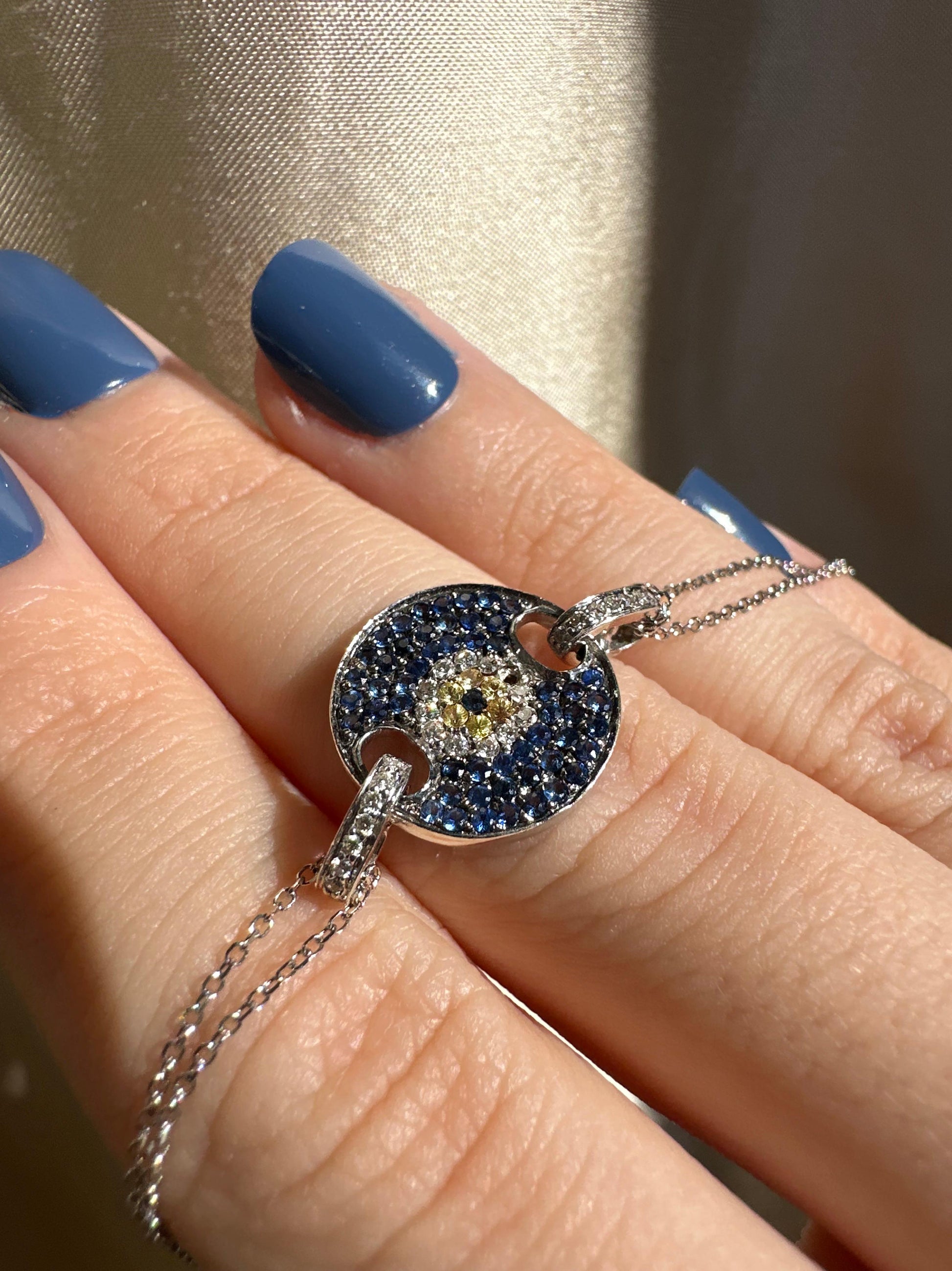 14K White Gold Diamond, Blue and Yellow Sapphire Evil Eye Bracelet