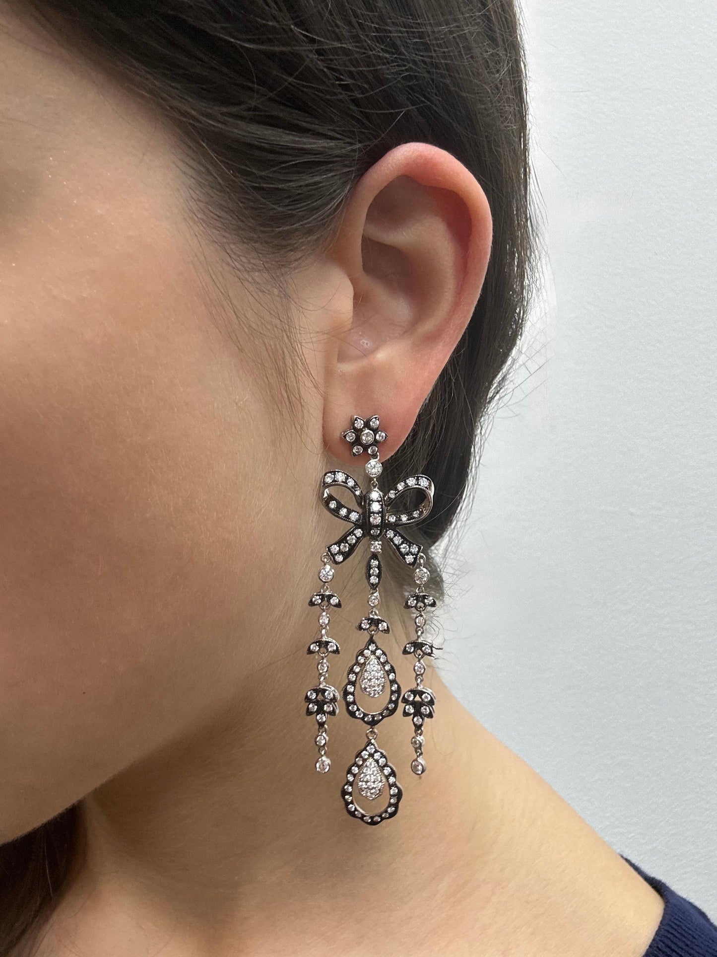 18K White Gold and Silver Top Rose Cut Diamond Drop Earrings