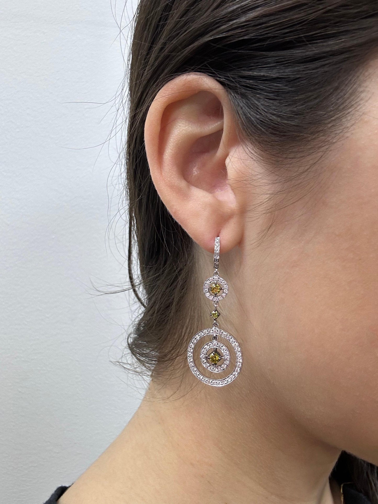 18K White Gold White and Yellow Diamond Drop Earrings