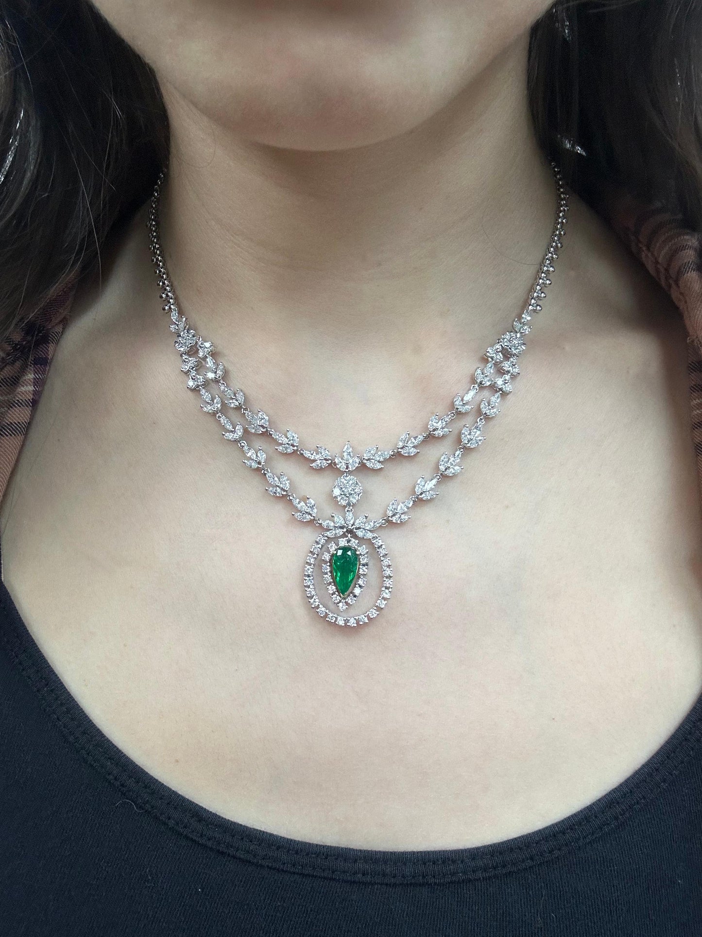 18K White Gold Marquise Cut Diamond and Pear Cut Emerald Necklace