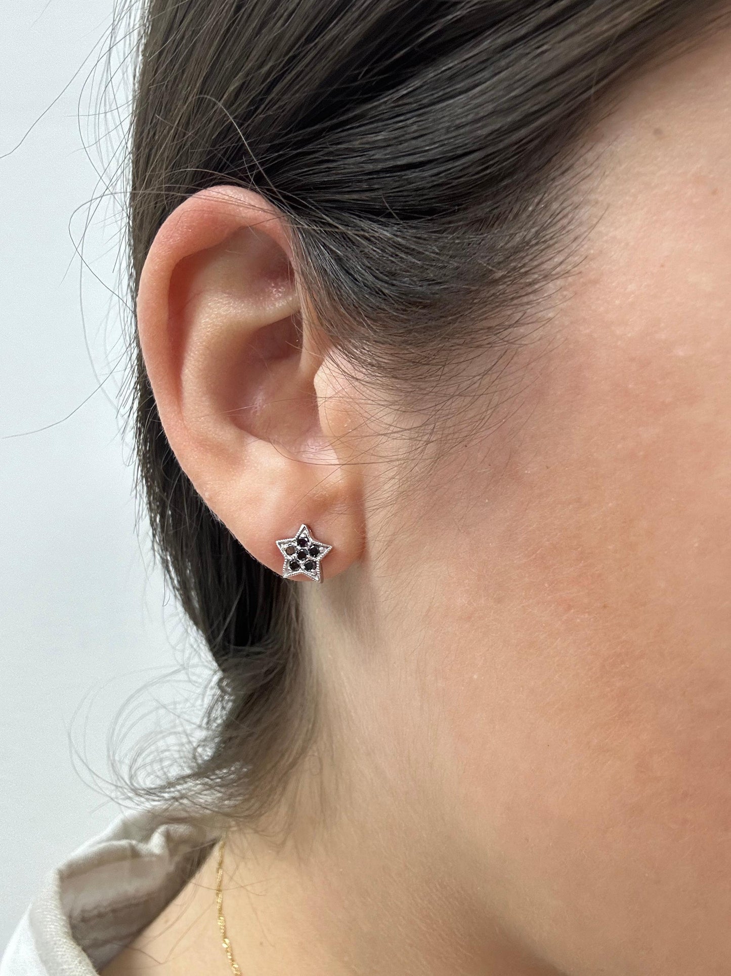 18K White Gold Black Diamond Star Studs with 14K White Gold Backing
