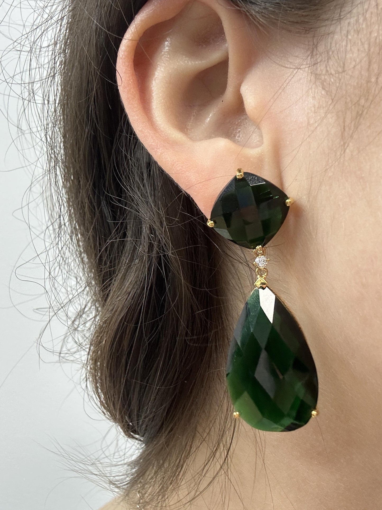 14k Diamond and Lab Grown Green Stone Dangle Earrings