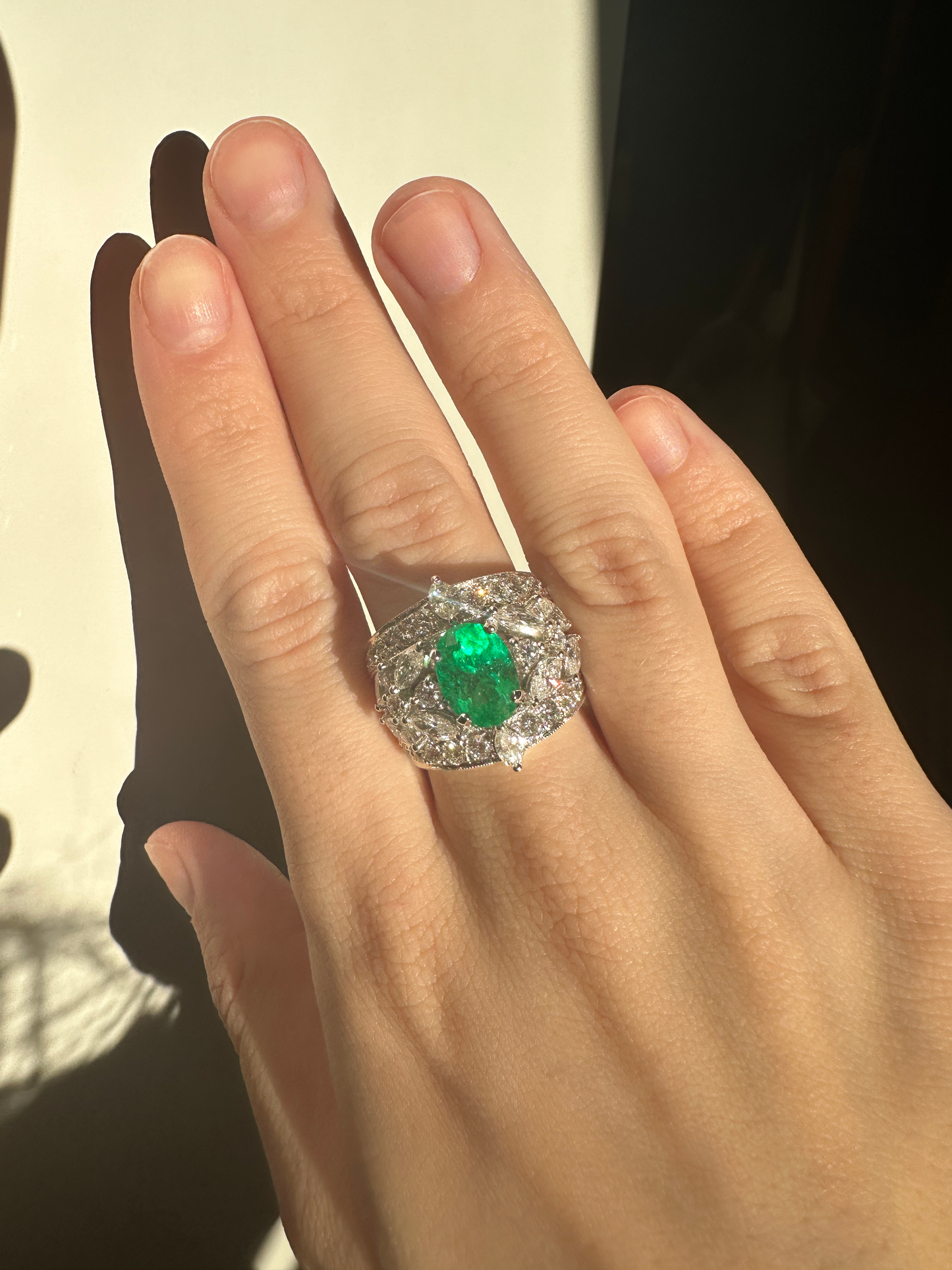 18k White Gold Marquise and Round Cut Diamond and Oval Emerald Ring