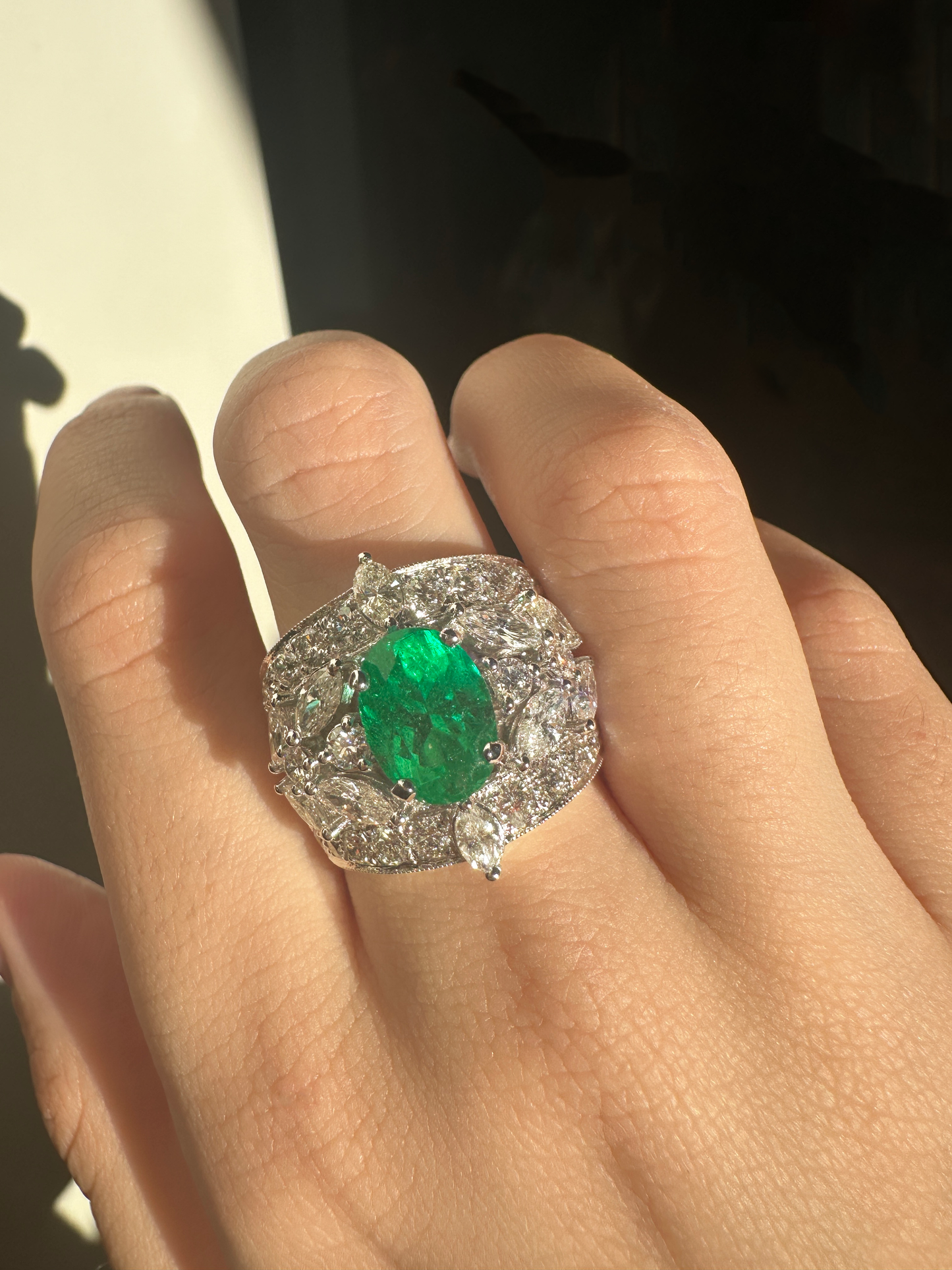 18k White Gold Marquise and Round Cut Diamond and Oval Emerald Ring