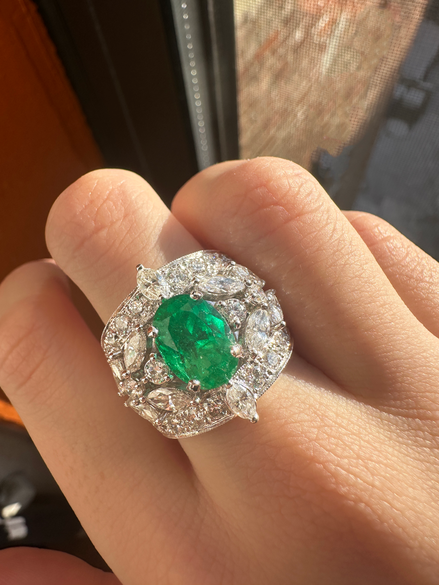 18k White Gold Marquise and Round Cut Diamond and Oval Emerald Ring