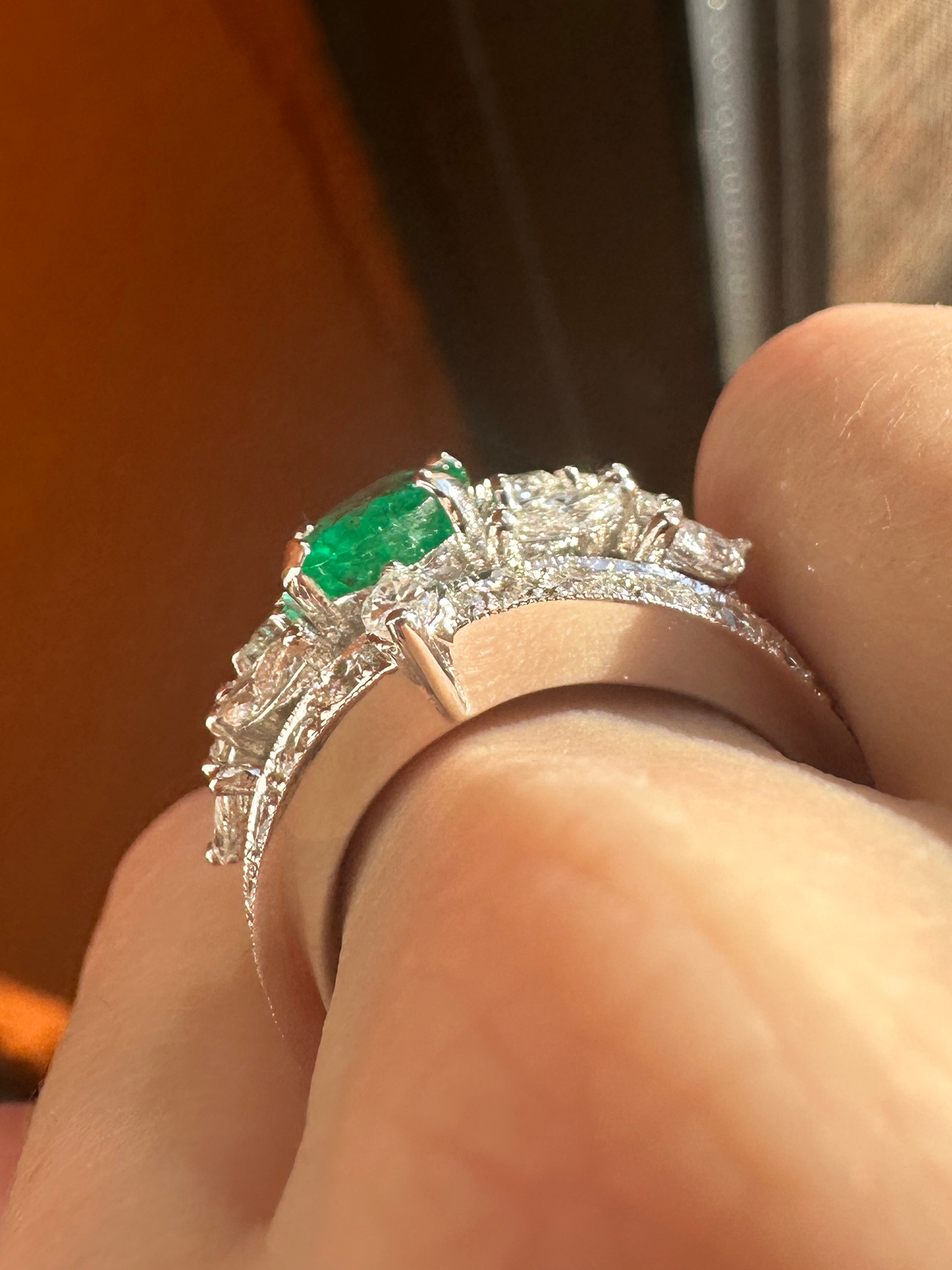 18k White Gold Marquise and Round Cut Diamond and Oval Emerald Ring
