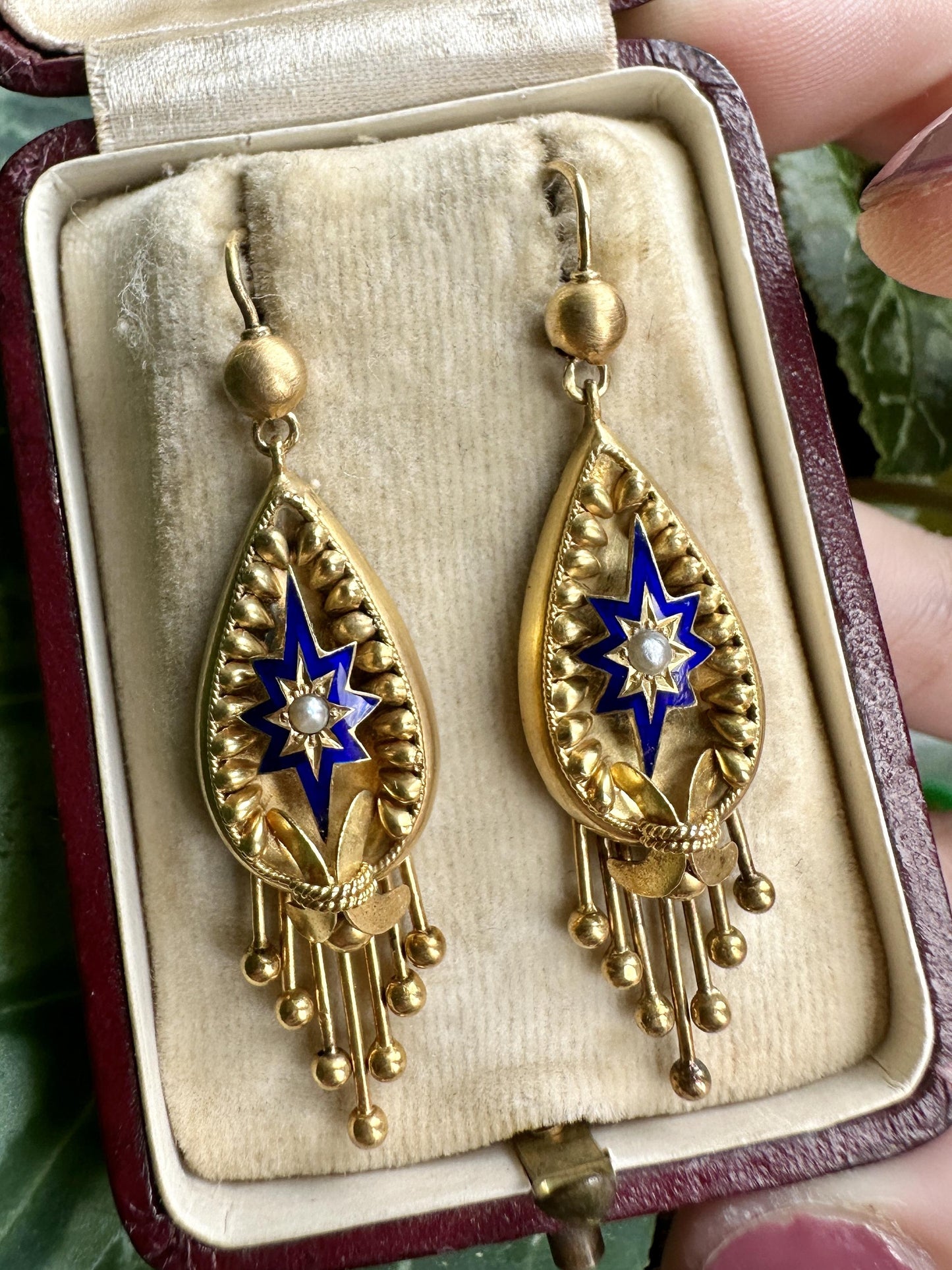 14k Victorian Pearl and Enamel Drop Earrings