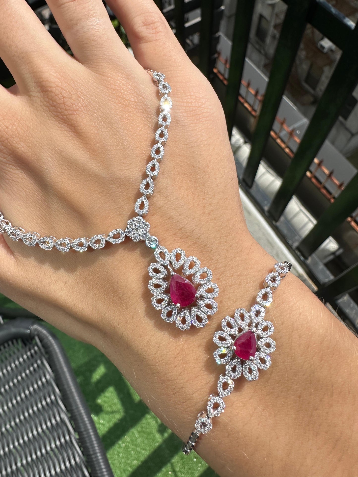 18K White Gold Diamond and Pear Shaped Ruby Bracelet