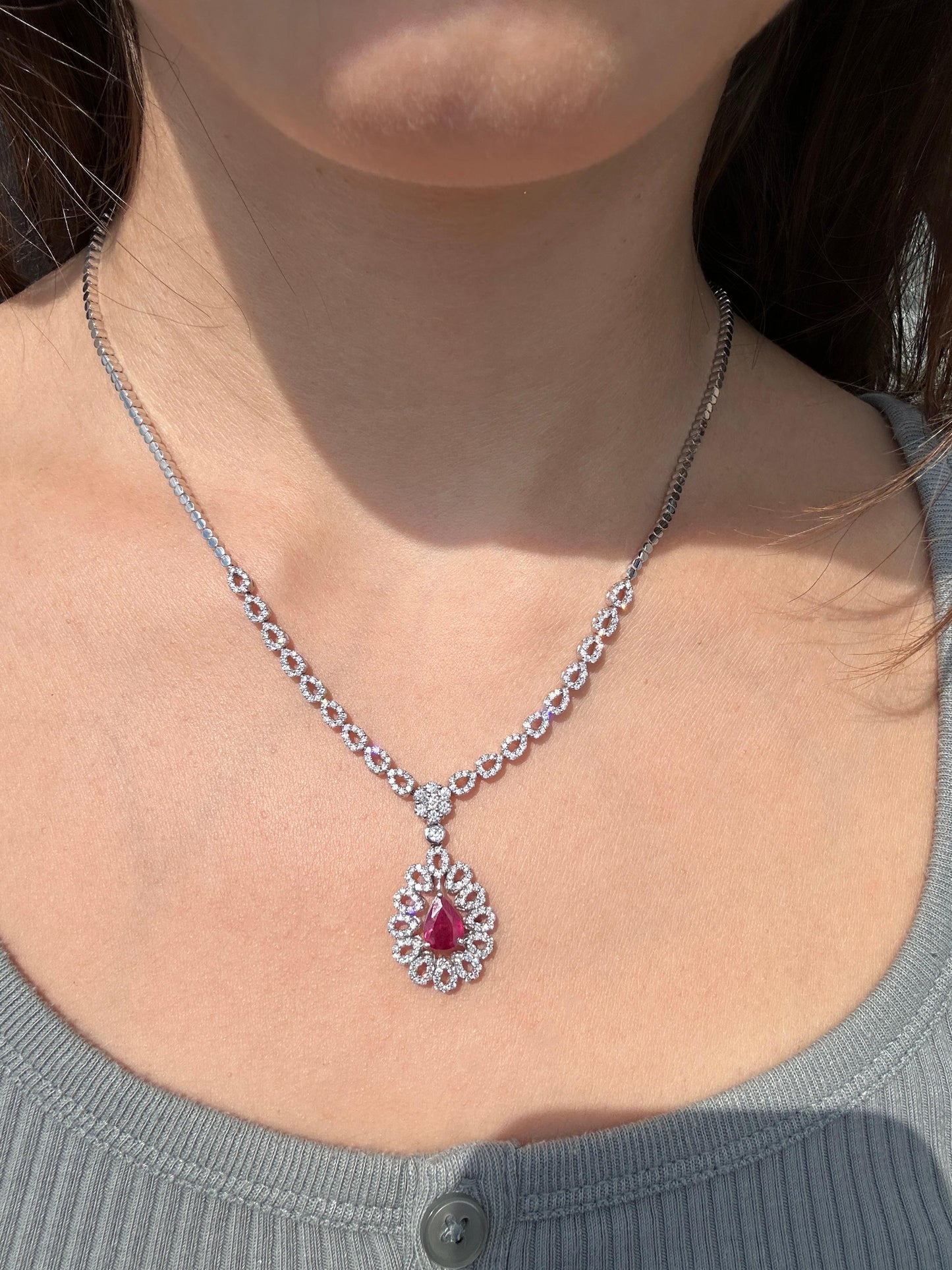 18K Diamond and Pearl Shaped Ruby Necklace