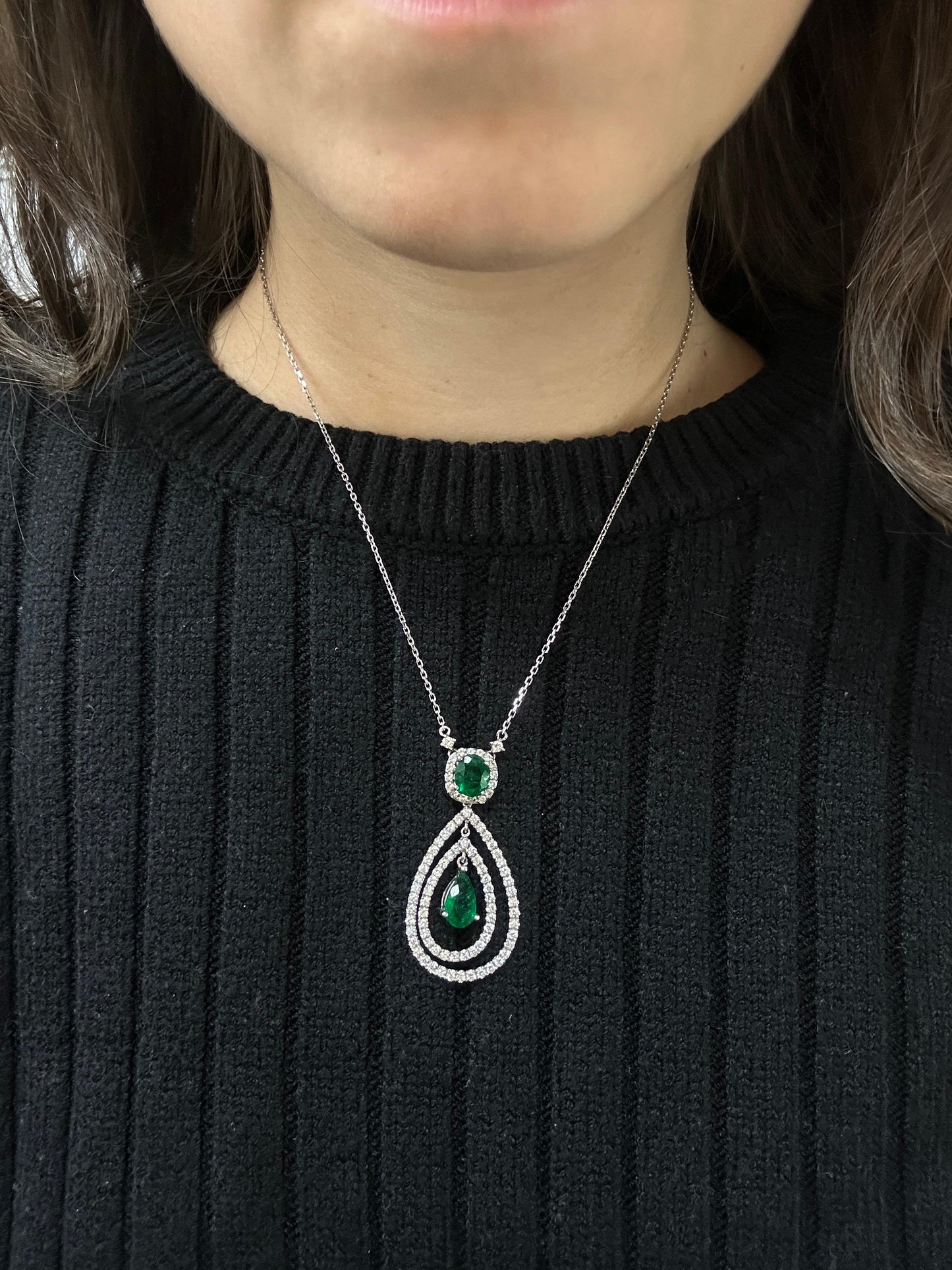 18K White Gold Oval and Pear Cut Emerald and Diamond Necklace