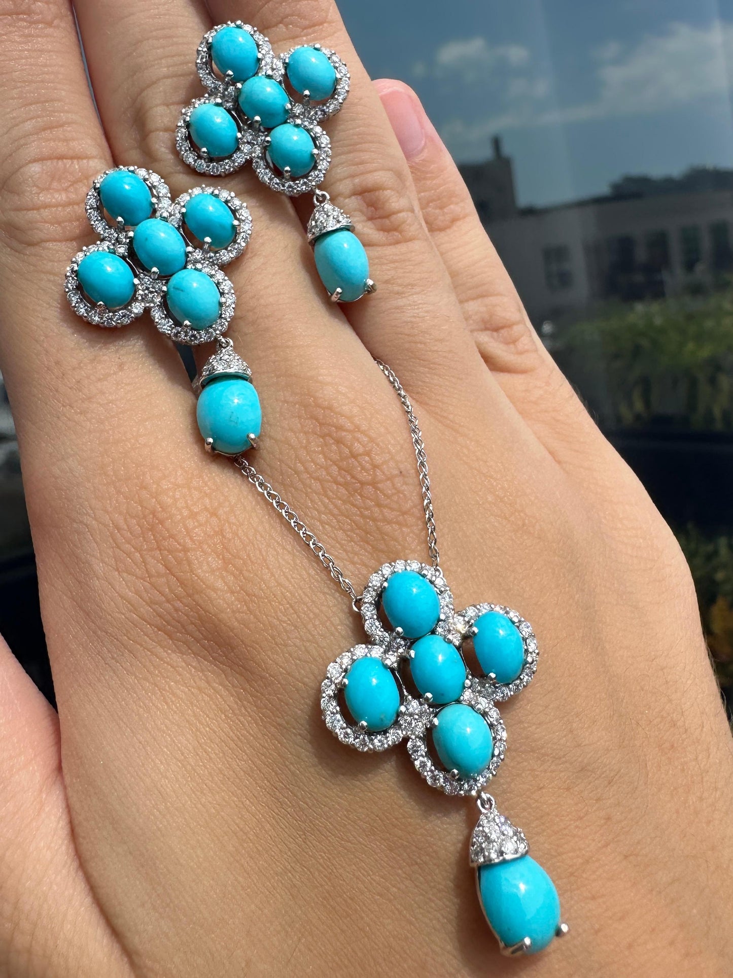18k White Gold Diamond and Persian Turquoise Pendant Necklace