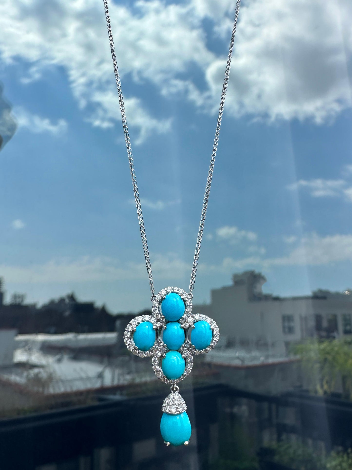 18k White Gold Diamond and Persian Turquoise Pendant Necklace
