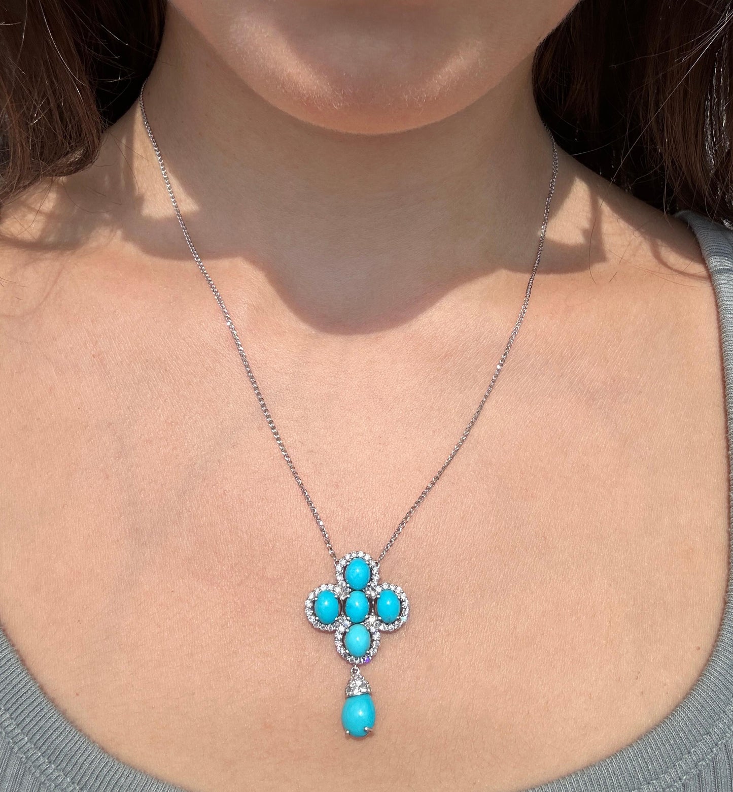 18k White Gold Diamond and Persian Turquoise Pendant Necklace