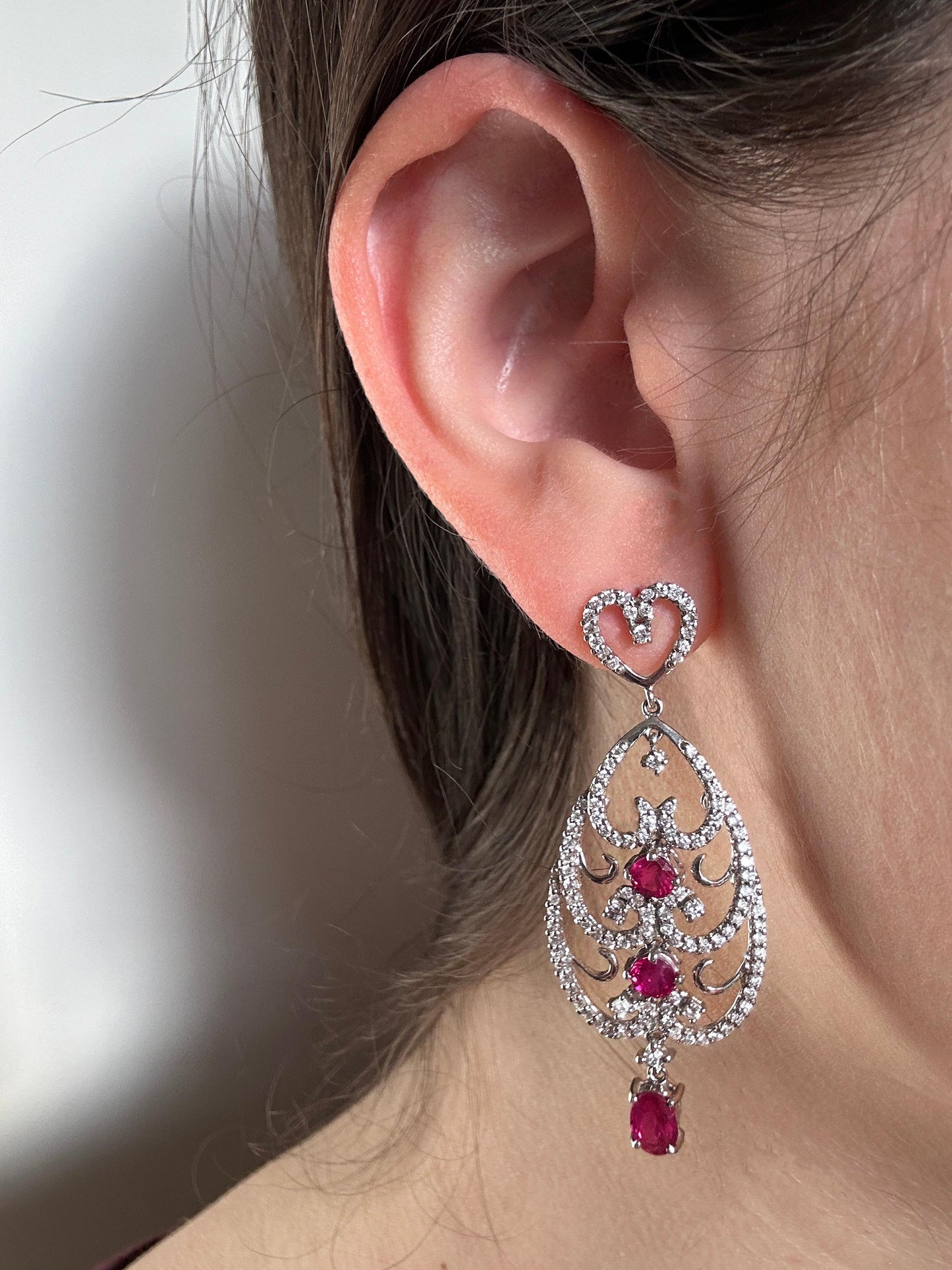 18K White Gold Diamond and Ruby Earrings