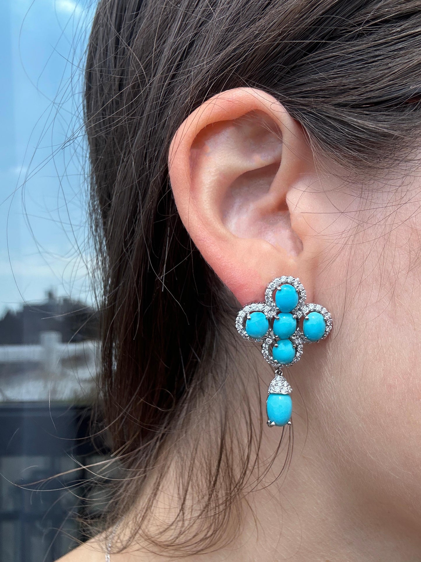 18K White Gold Diamond and Persian Turquoise Earrings