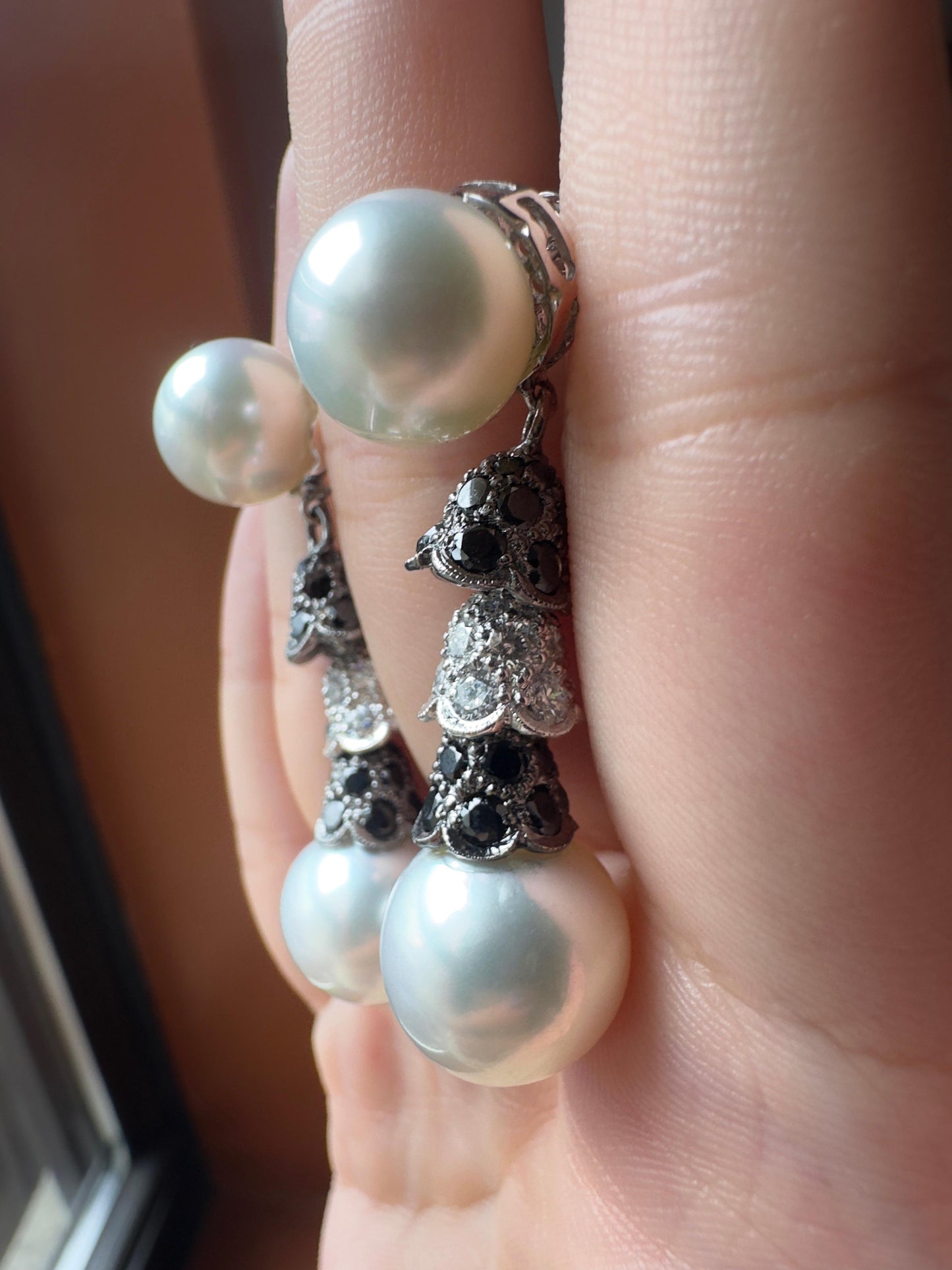 18K White and Black Diamond and Pearl Earrings