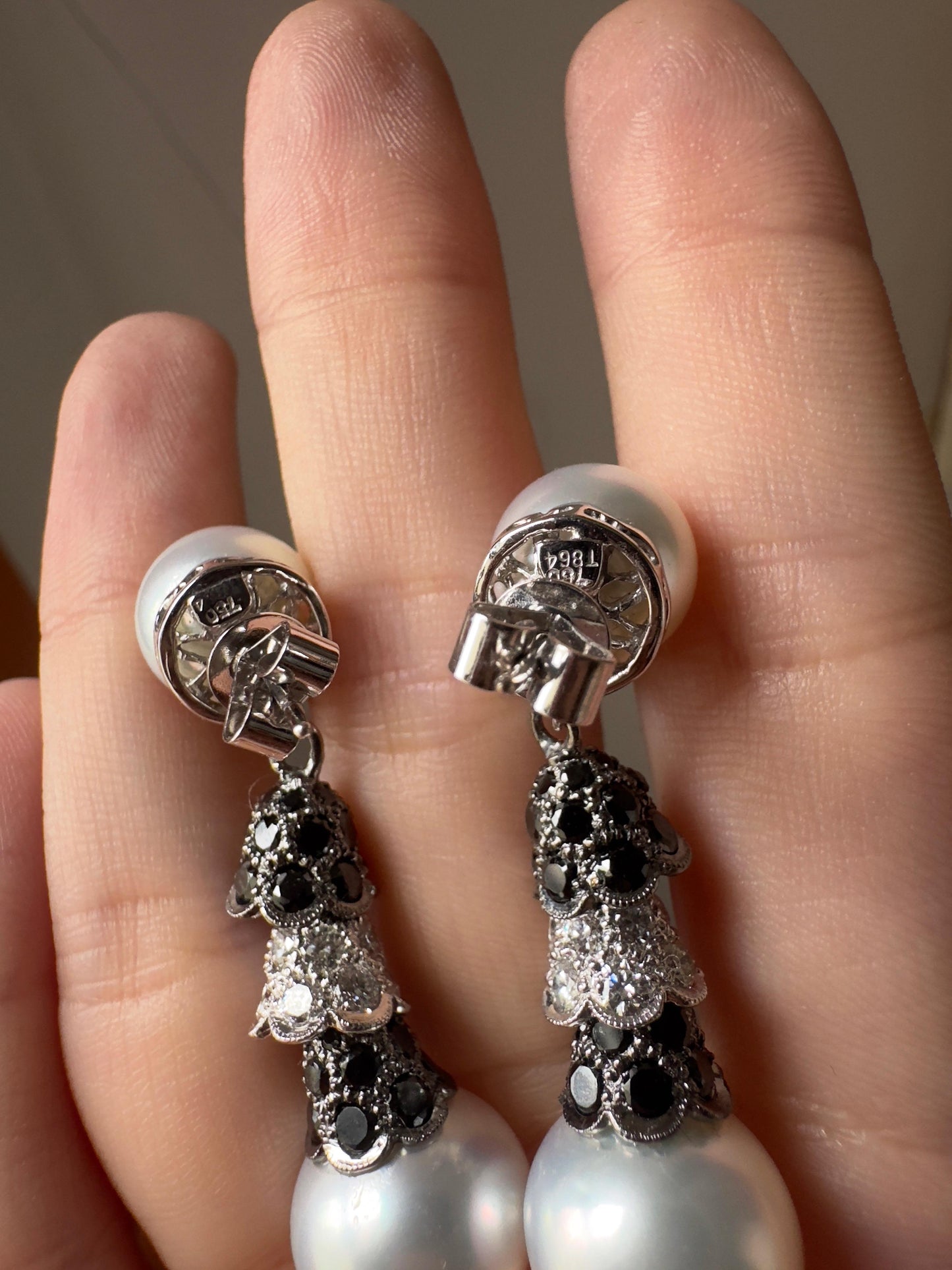 18K White and Black Diamond and Pearl Earrings