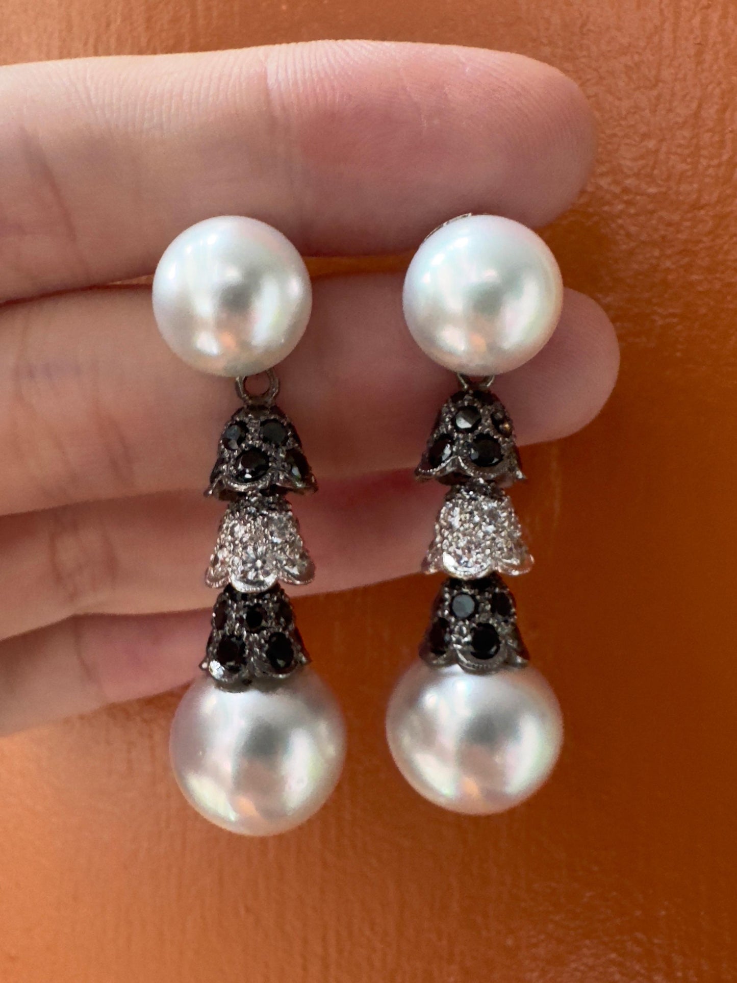 18K White and Black Diamond and Pearl Earrings