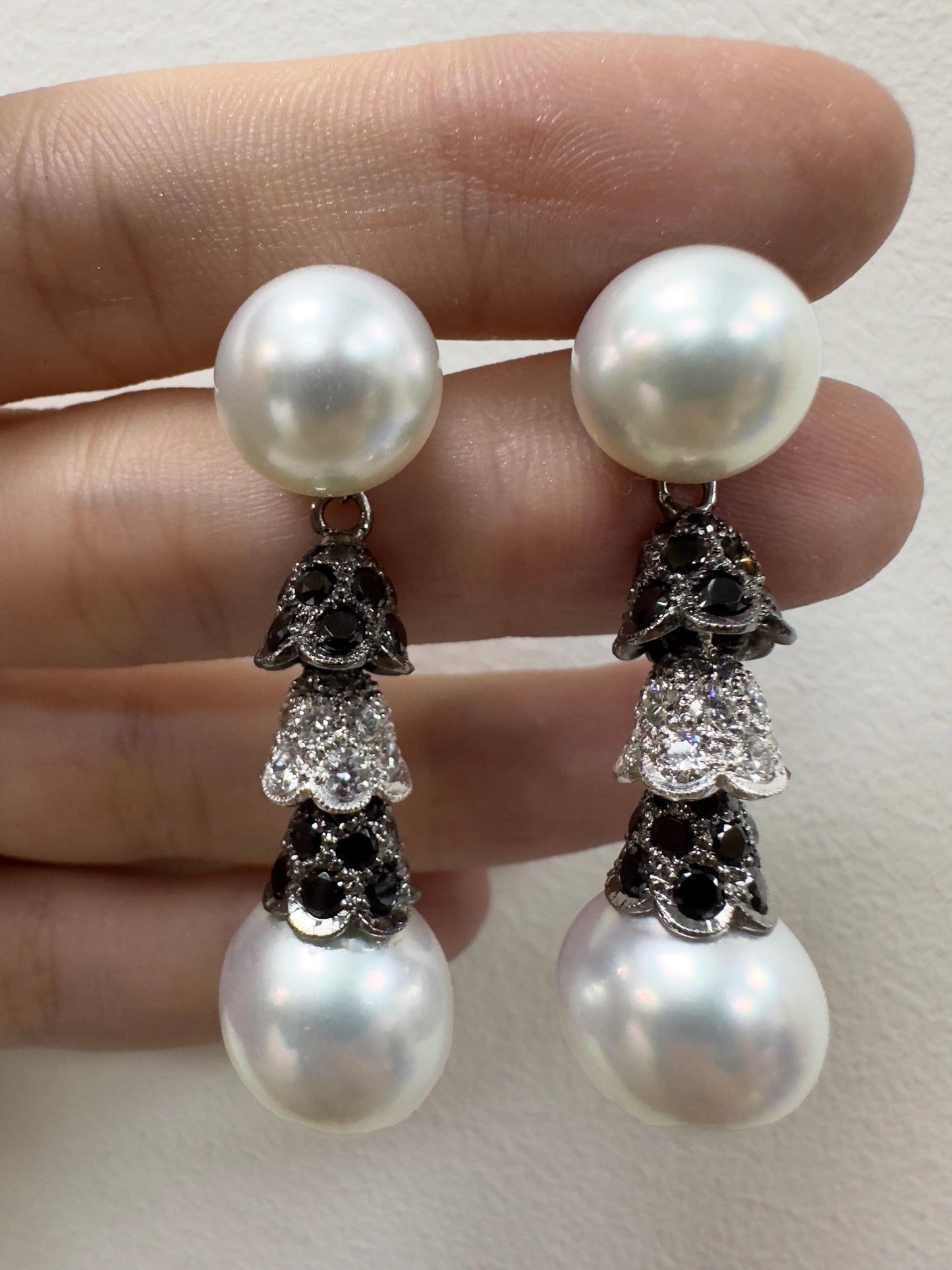 18K White and Black Diamond and Pearl Earrings
