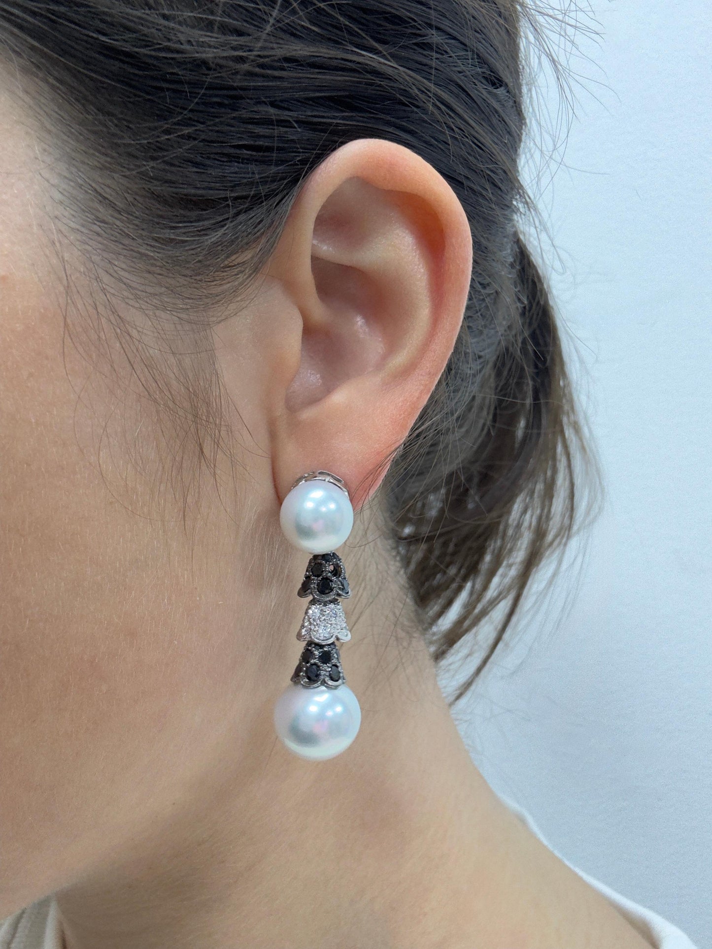 18K White and Black Diamond and Pearl Earrings