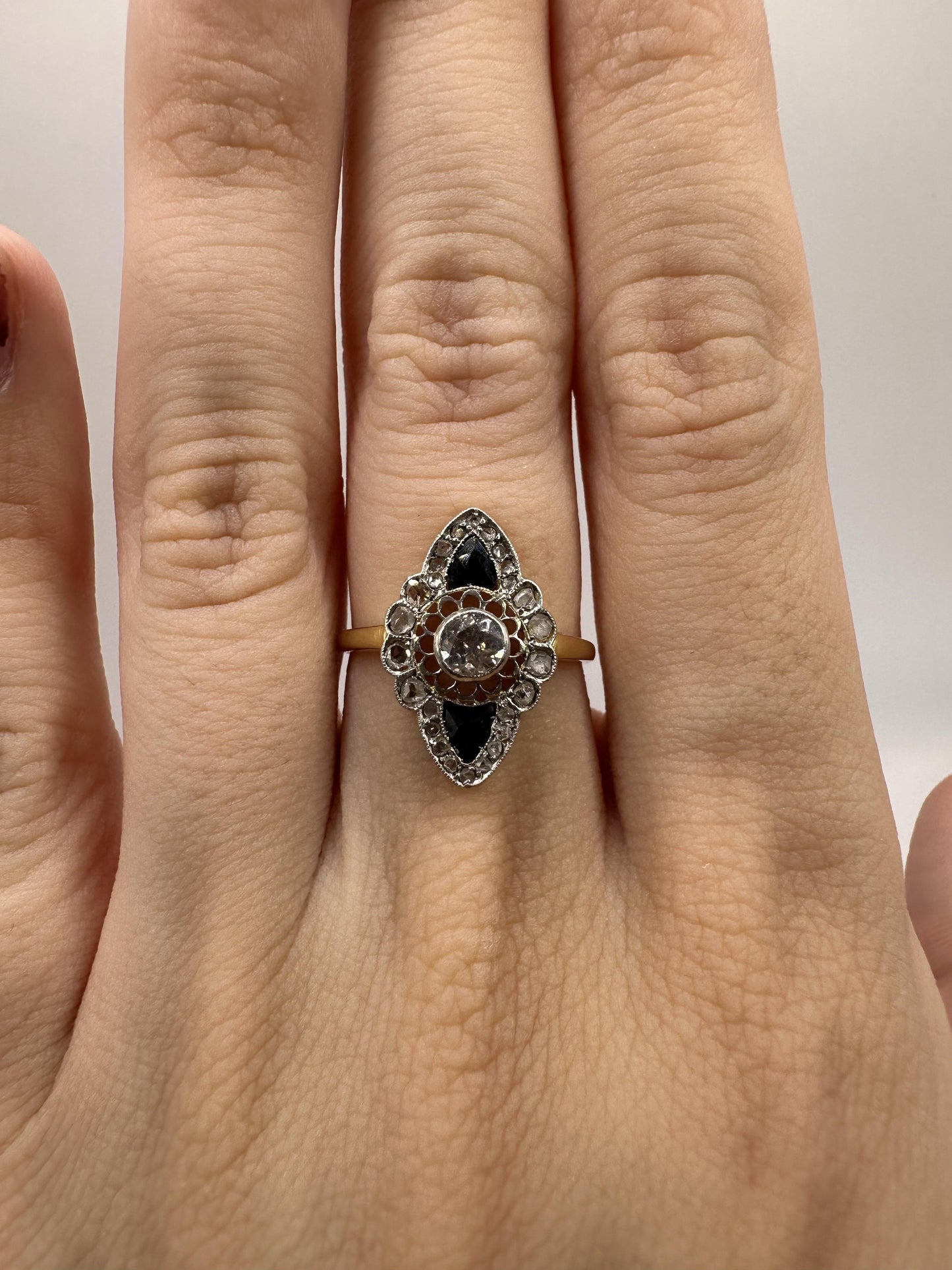 18k Art Deco Rose Cut Diamond and Sapphire Navette Shaped Ring