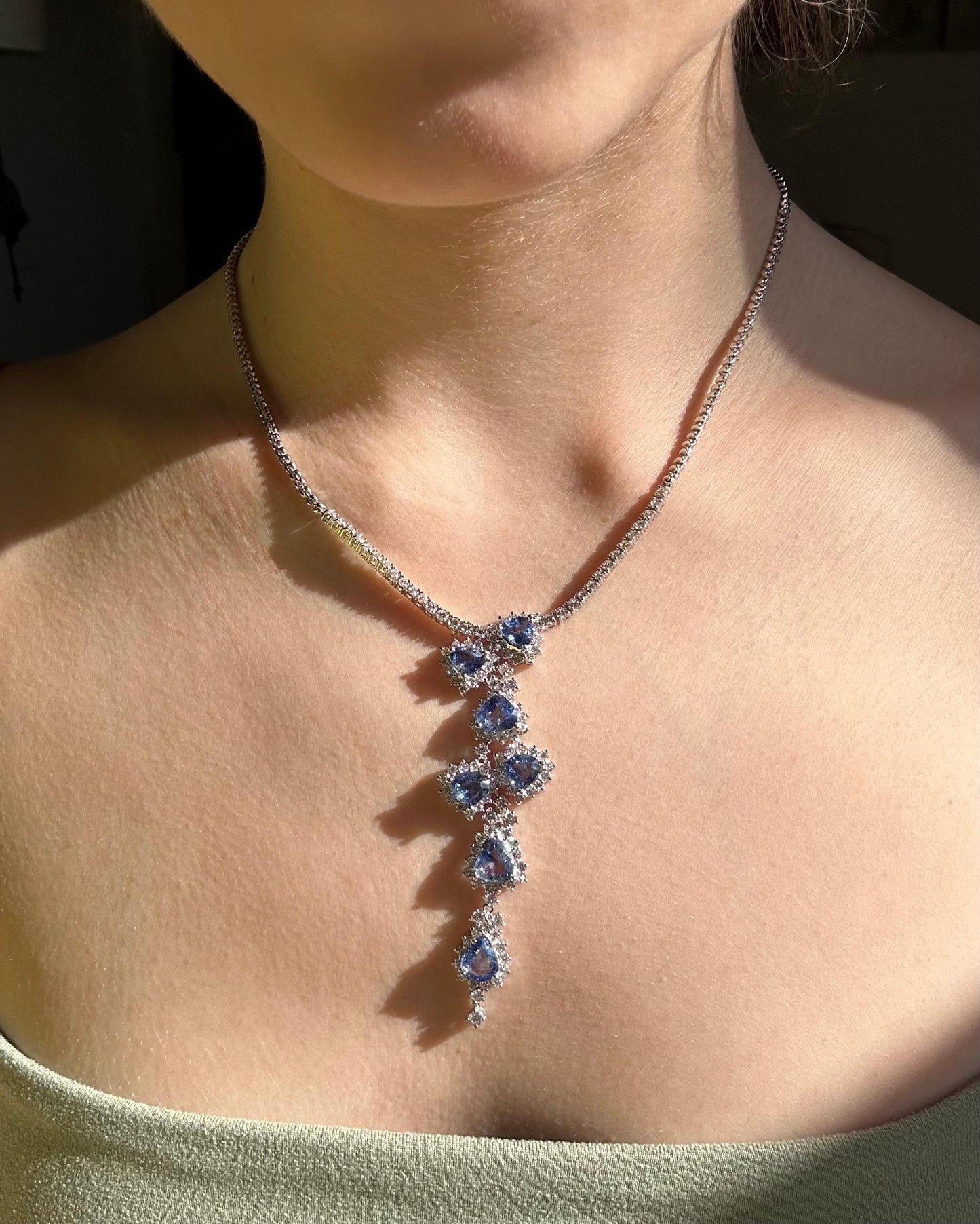 18K White Gold Diamond and Sapphire Y Necklace