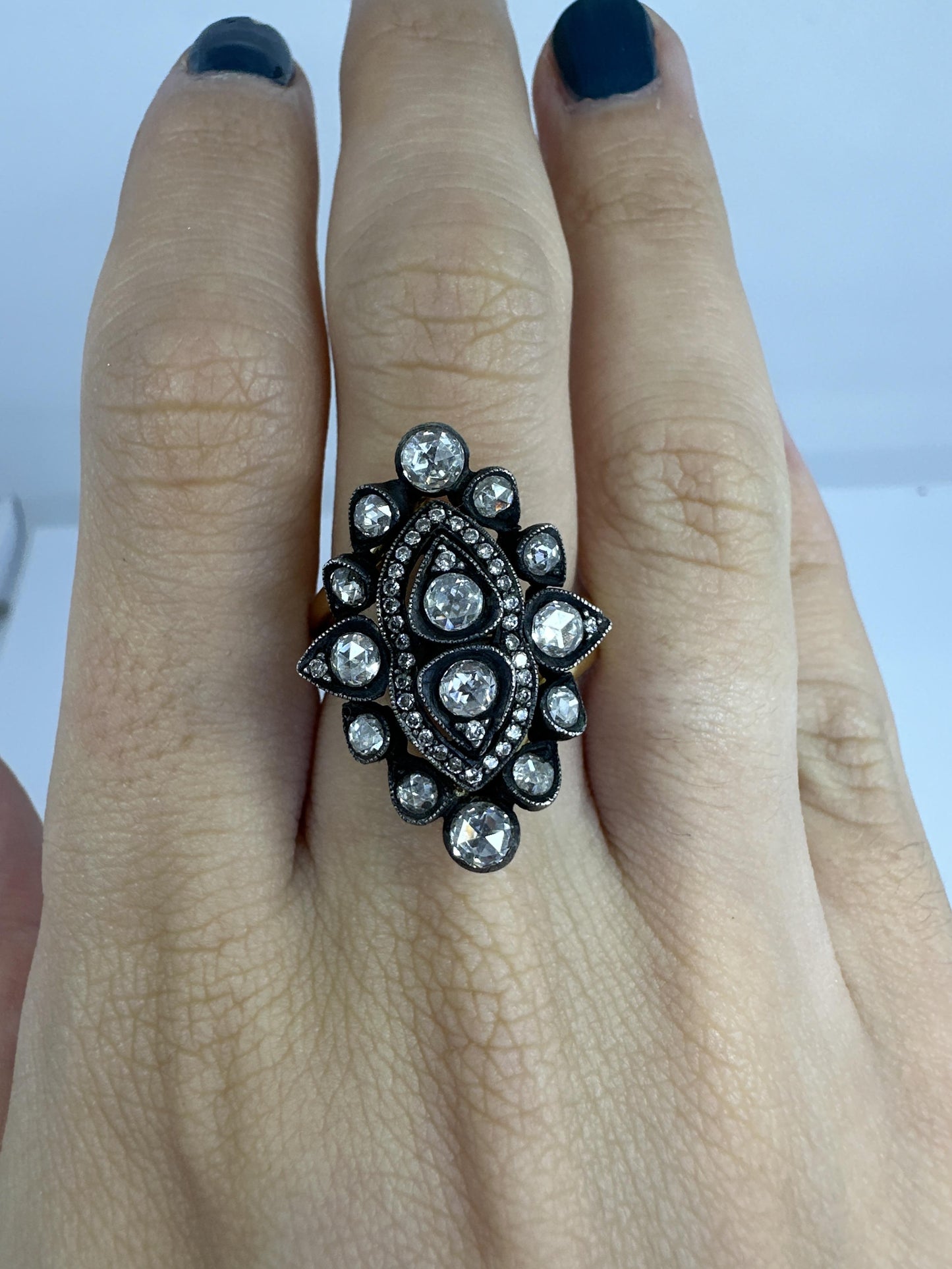 18K Yellow Gold and Silver Top Rose Cut Diamond Cocktail Ring