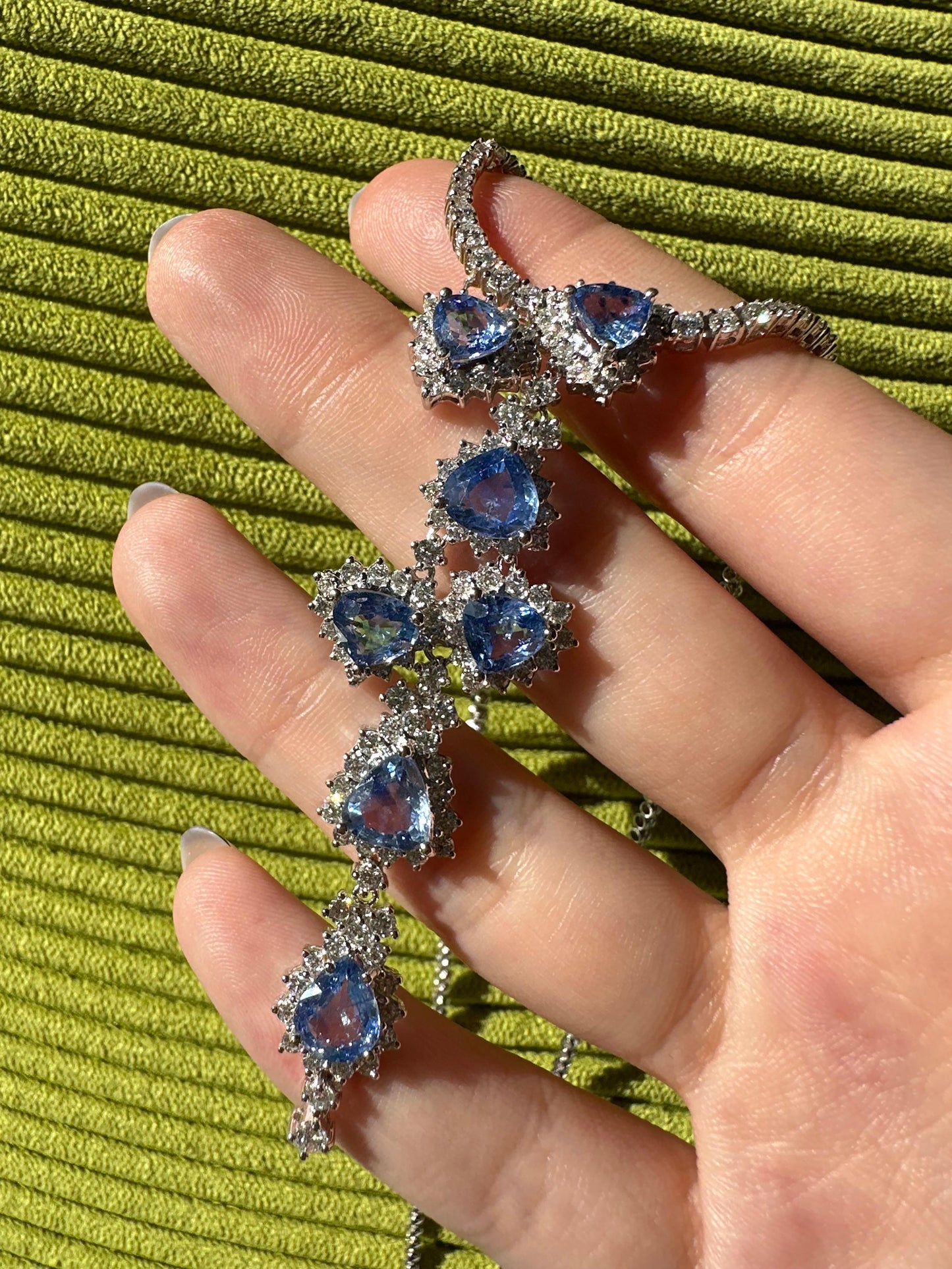 18K White Gold Diamond and Sapphire Y Necklace