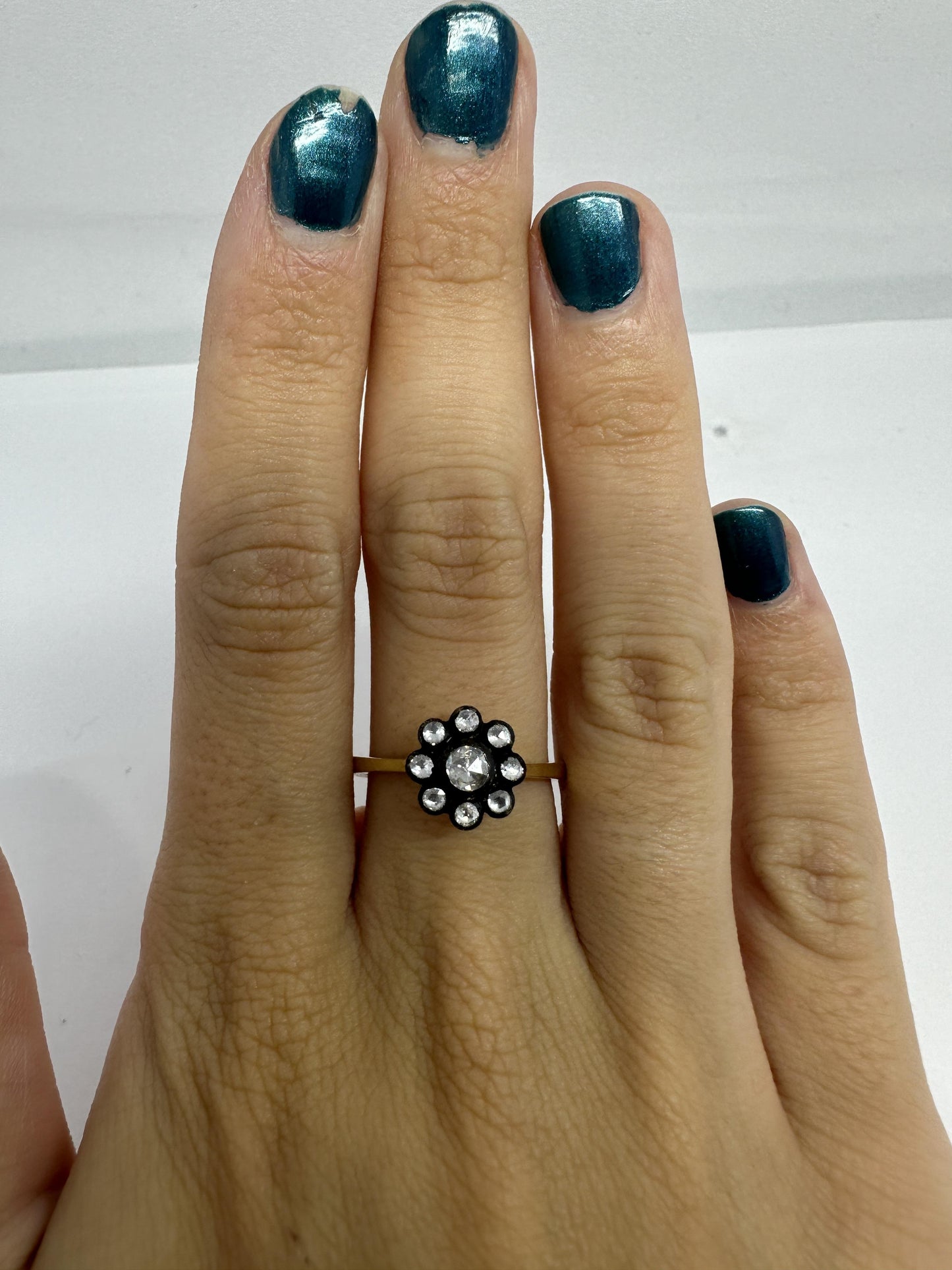 18K Yellow Gold and Silver Top Rose Cut Diamond Flower Ring