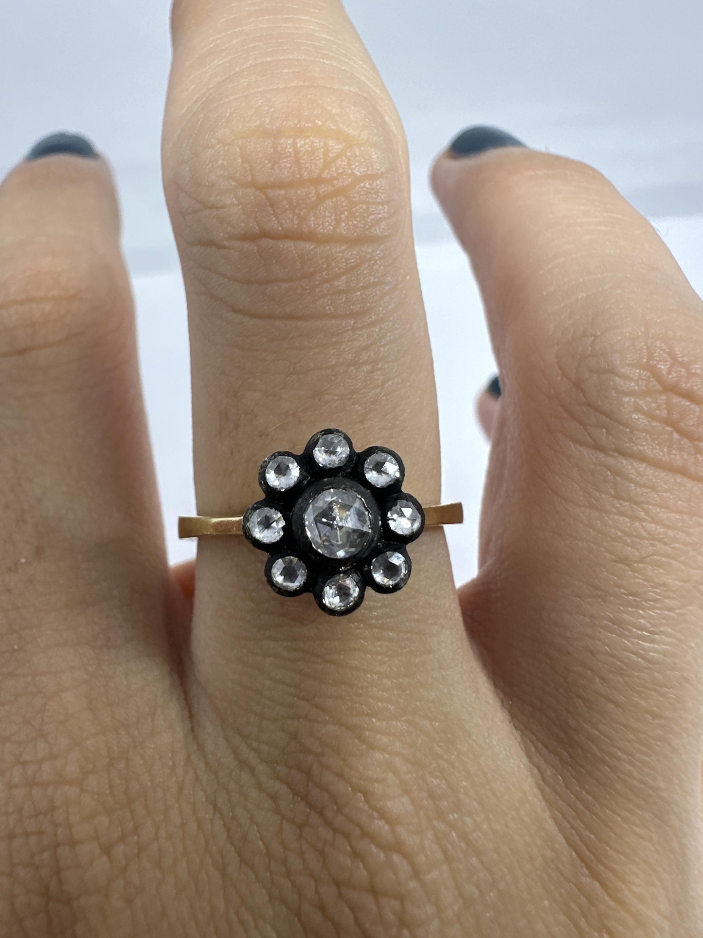 18K Yellow Gold and Silver Top Rose Cut Diamond Flower Ring