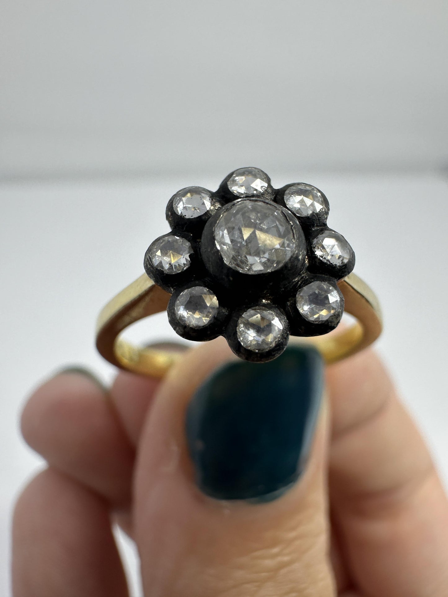 18K Yellow Gold and Silver Top Rose Cut Diamond Flower Ring