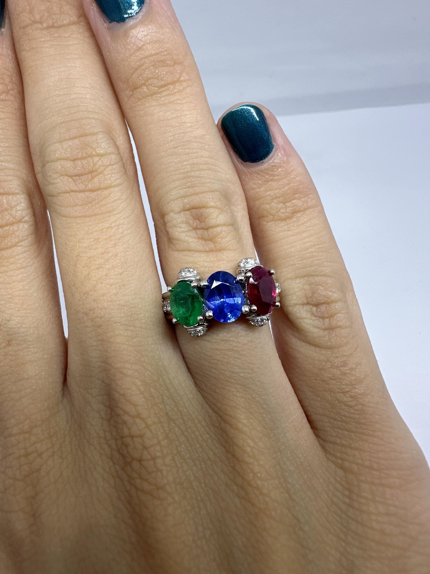 18K Diamond, Sapphire, Emerald and Ruby Ring