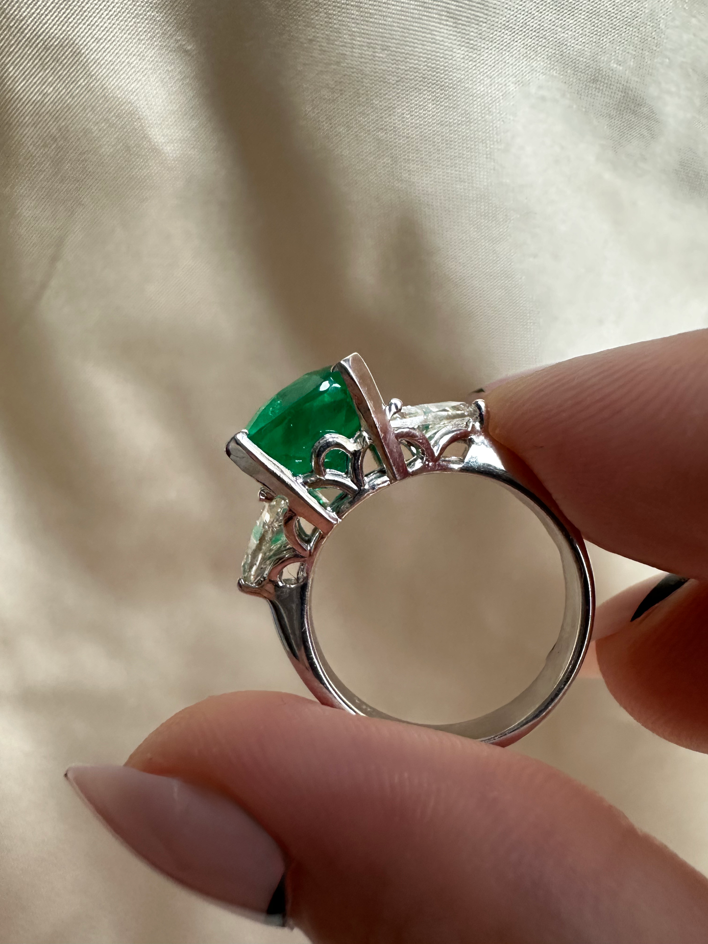 18k White Gold Columbian Cushion Natural Emerald and Trillion Cut Diamond Ring