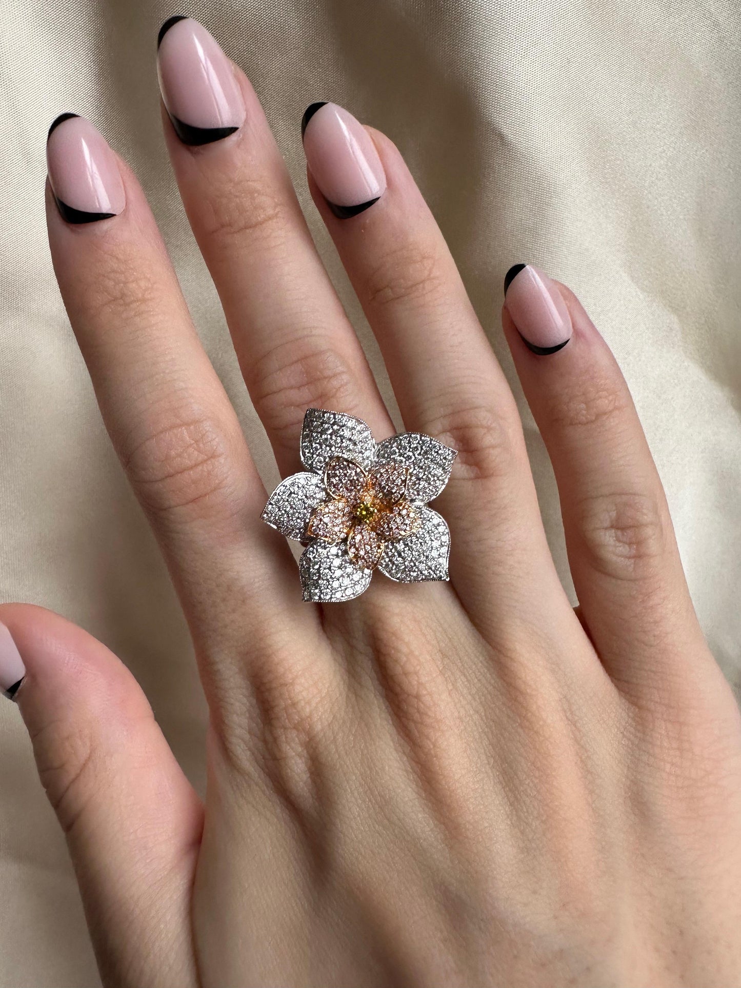 18K Gold Flower Diamond Cocktail Ring – White, Pink & Yellow Diamonds