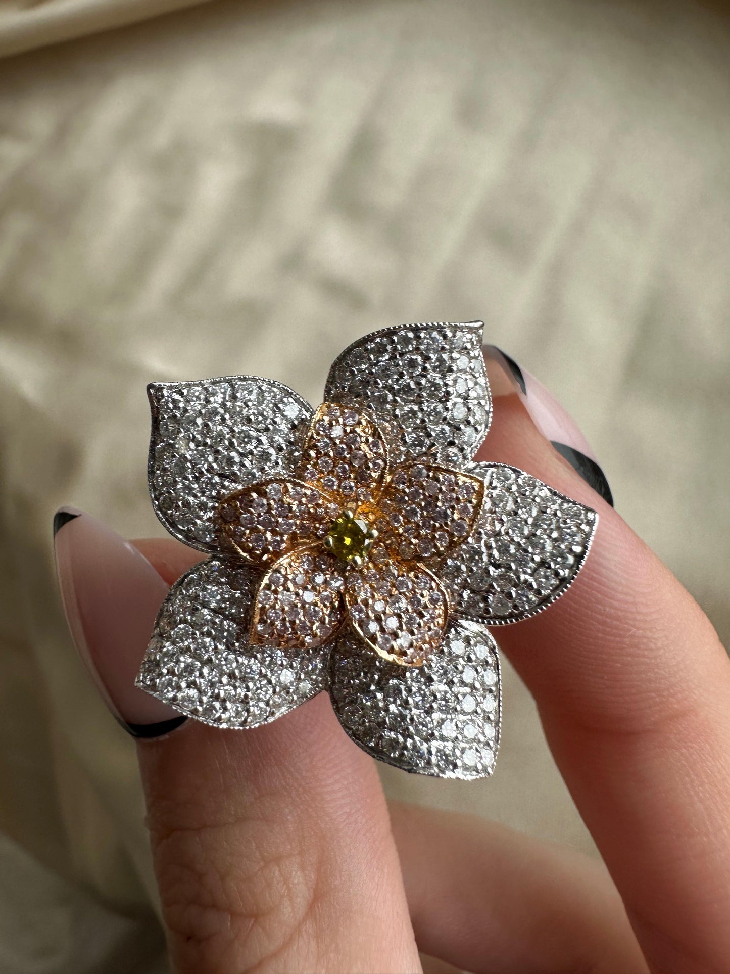 18K Gold Flower Diamond Cocktail Ring – White, Pink & Yellow Diamonds