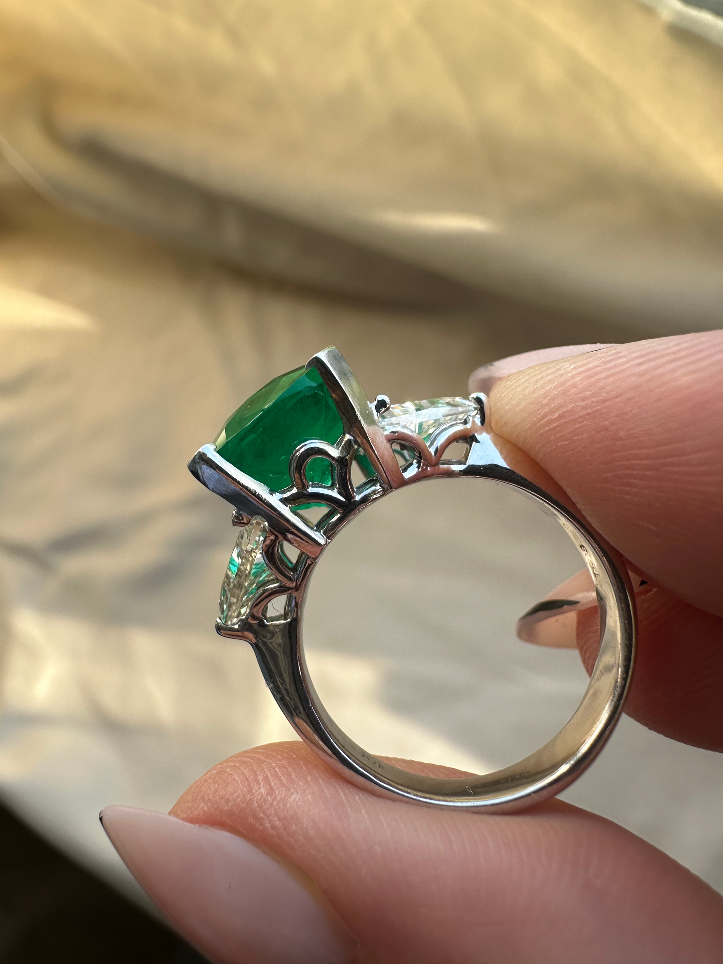 18k White Gold Columbian Cushion Natural Emerald and Trillion Cut Diamond Ring