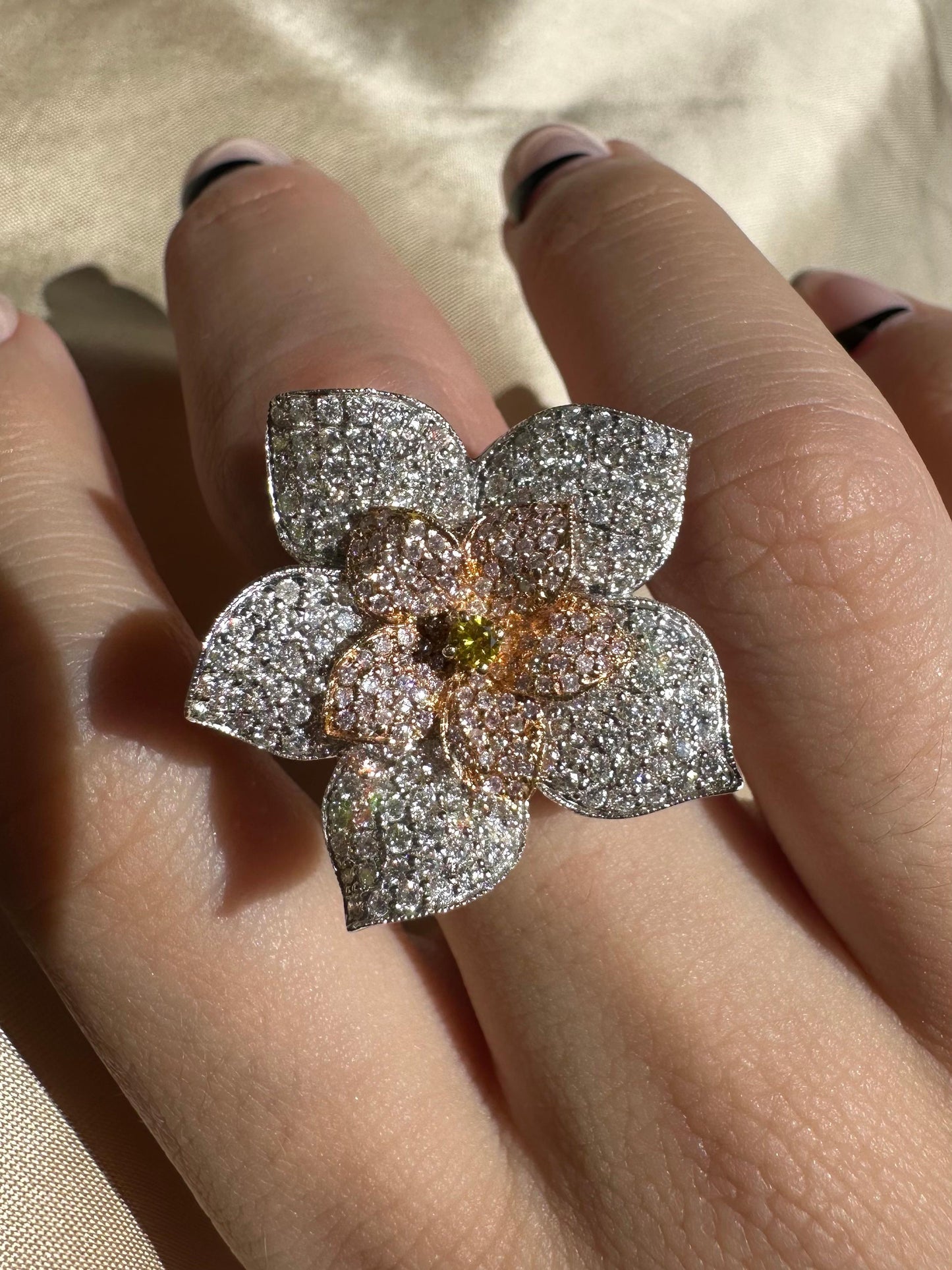 18K Gold Flower Diamond Cocktail Ring – White, Pink & Yellow Diamonds