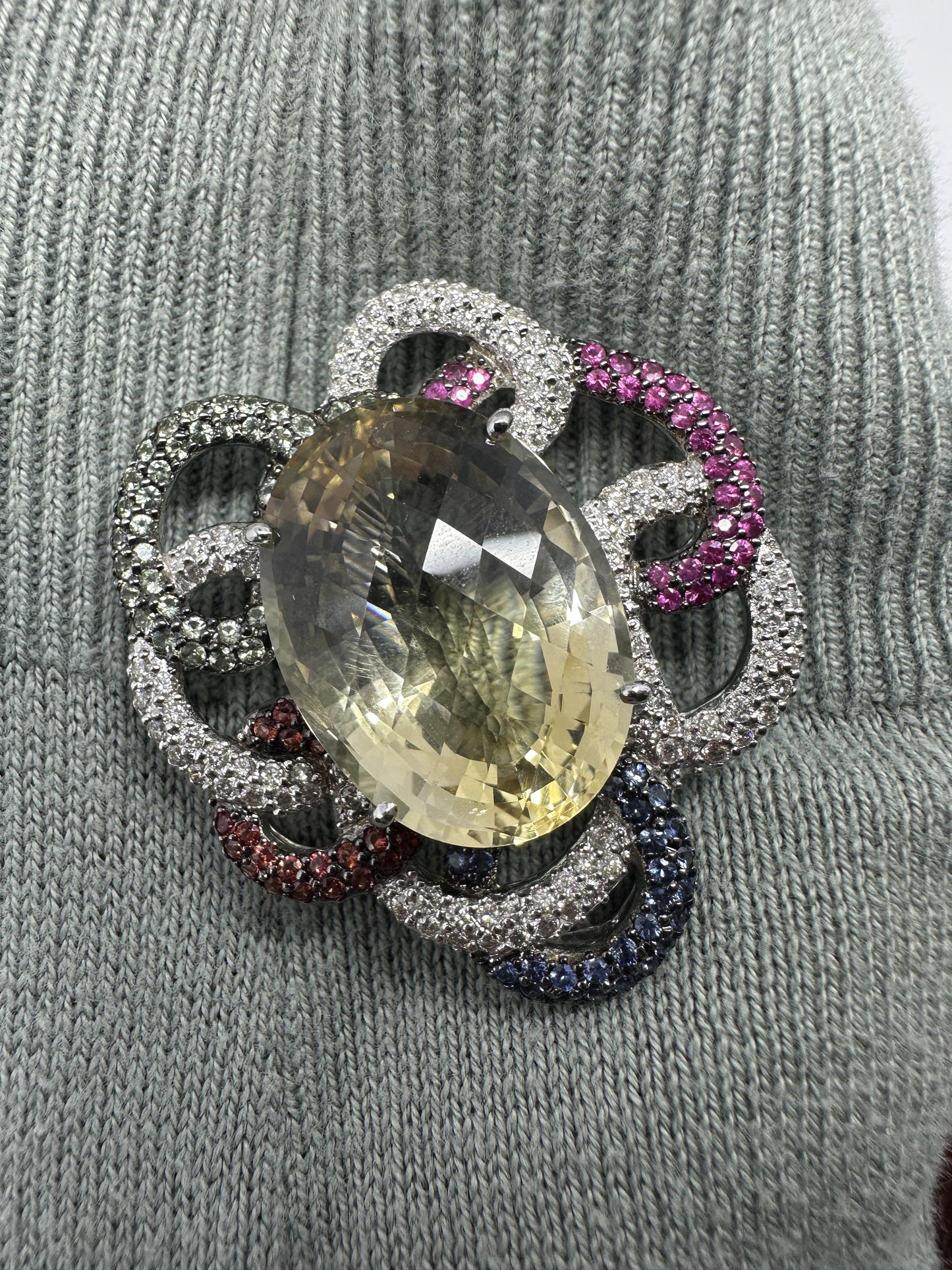 18K White Gold Citrine, Diamond and Multi Sapphire Brooch