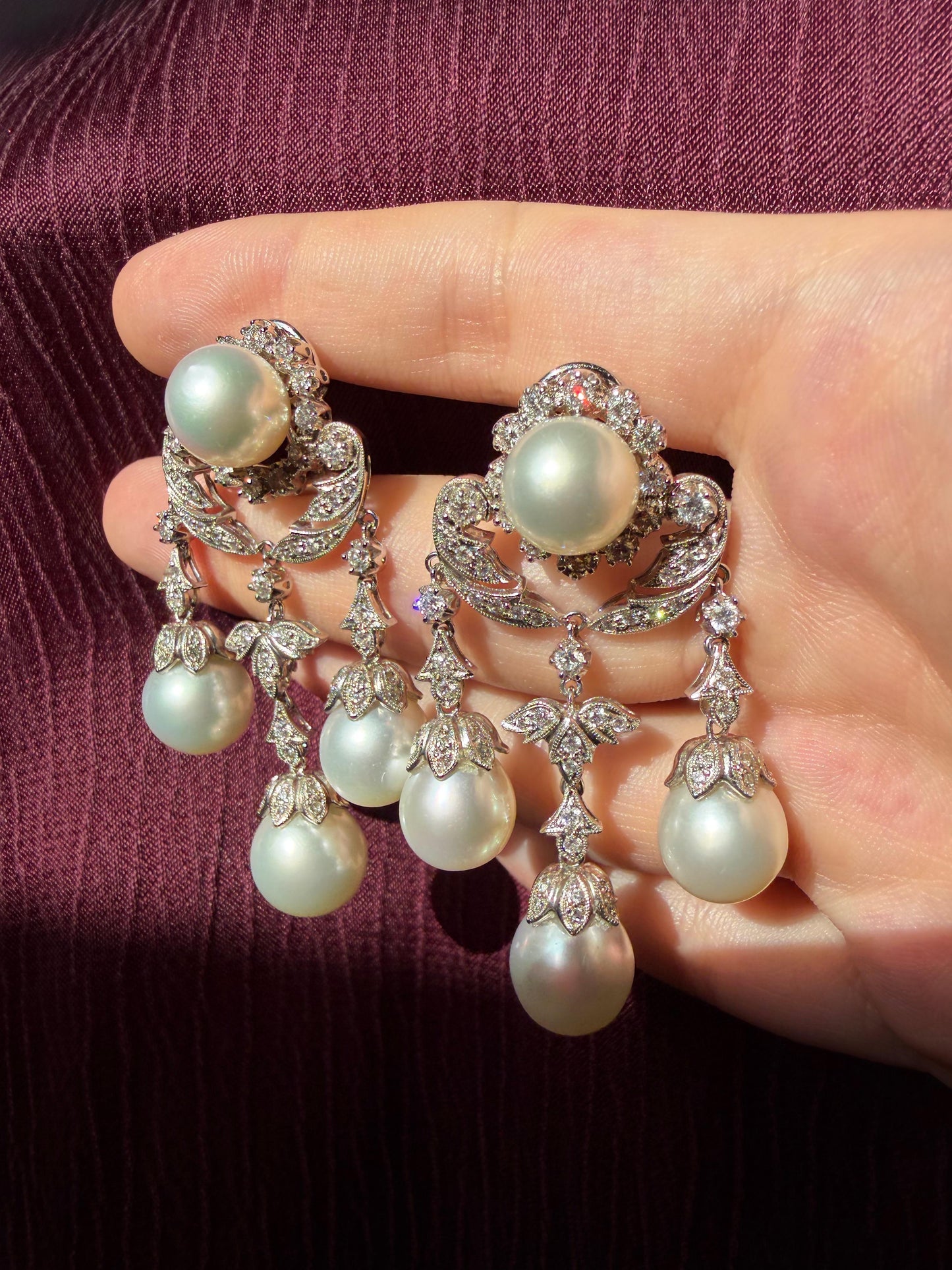 18K White Gold Edwardian Inspired Diamond and Pearl Chandelier Earrings